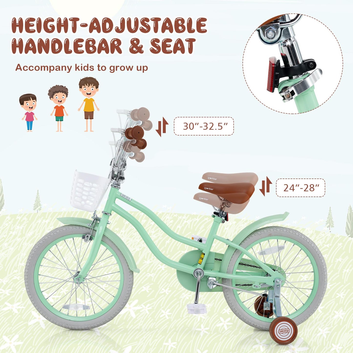 BABY JOY Kids Bike, 18 Inch Boys Girls Bike for 4-8 Years Old w/Training Wheels, Adjustable Seat, Removable Basket, Handbrake & Coaster Brake, Kids Bicycle (Mint Green)