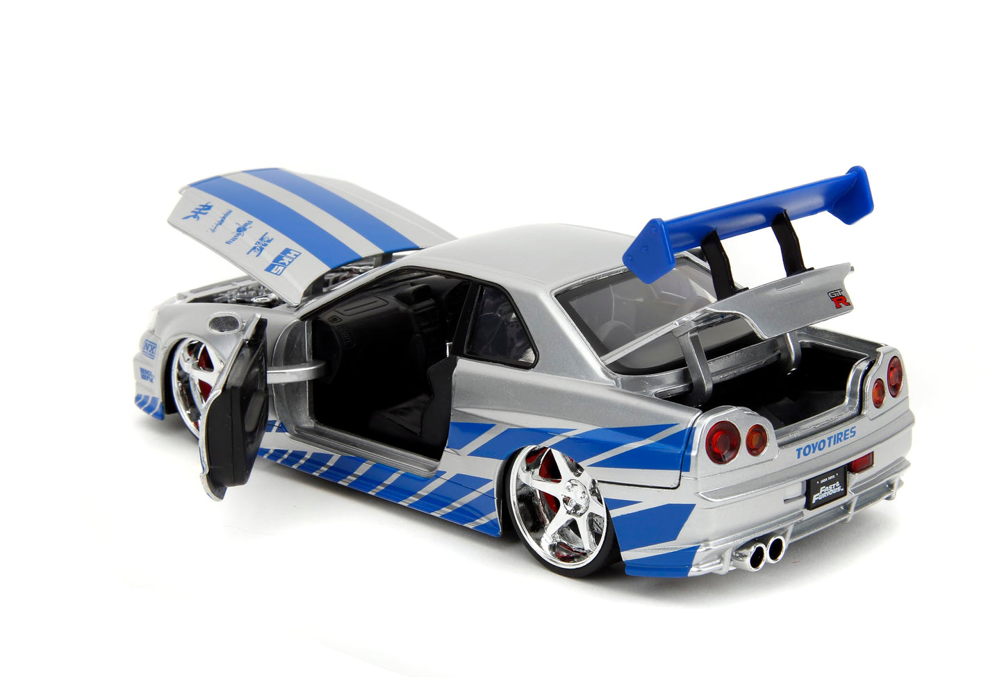 Jada Toys Fast & Furious Brian’s 2002 Nissan Skyline R34 Die-cast Car, 1:24 Scale, Silver & Blue