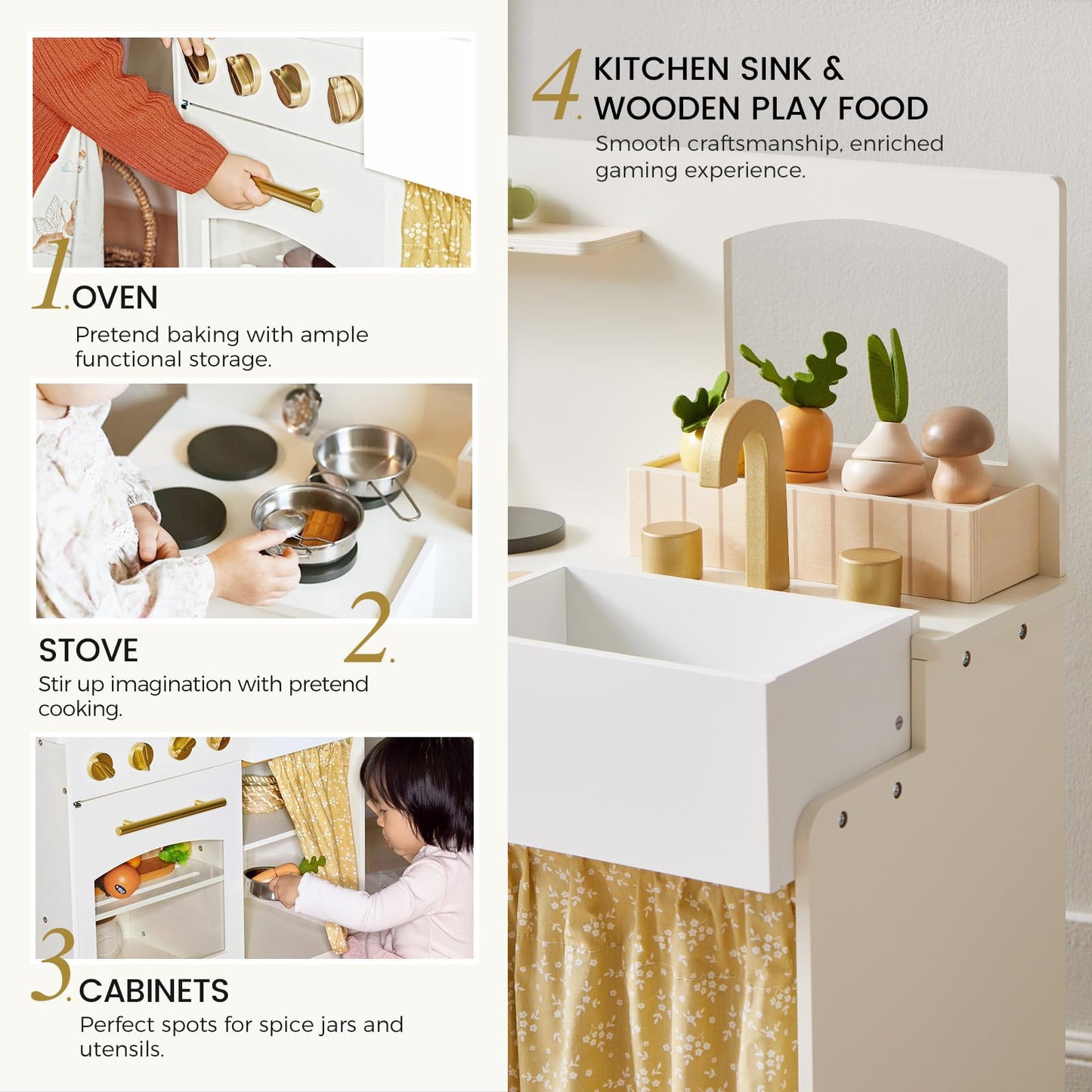 Tiny Land Toddler Kitchen Playset, Wooden Play Kitchen Set Toy with Cutting Food & Cookware, Oven, Clicking Knobs, Stove and Sink, Small Toy Kitchen Gift for 1-3 Year Old Kids, Girls & Boys - Cream