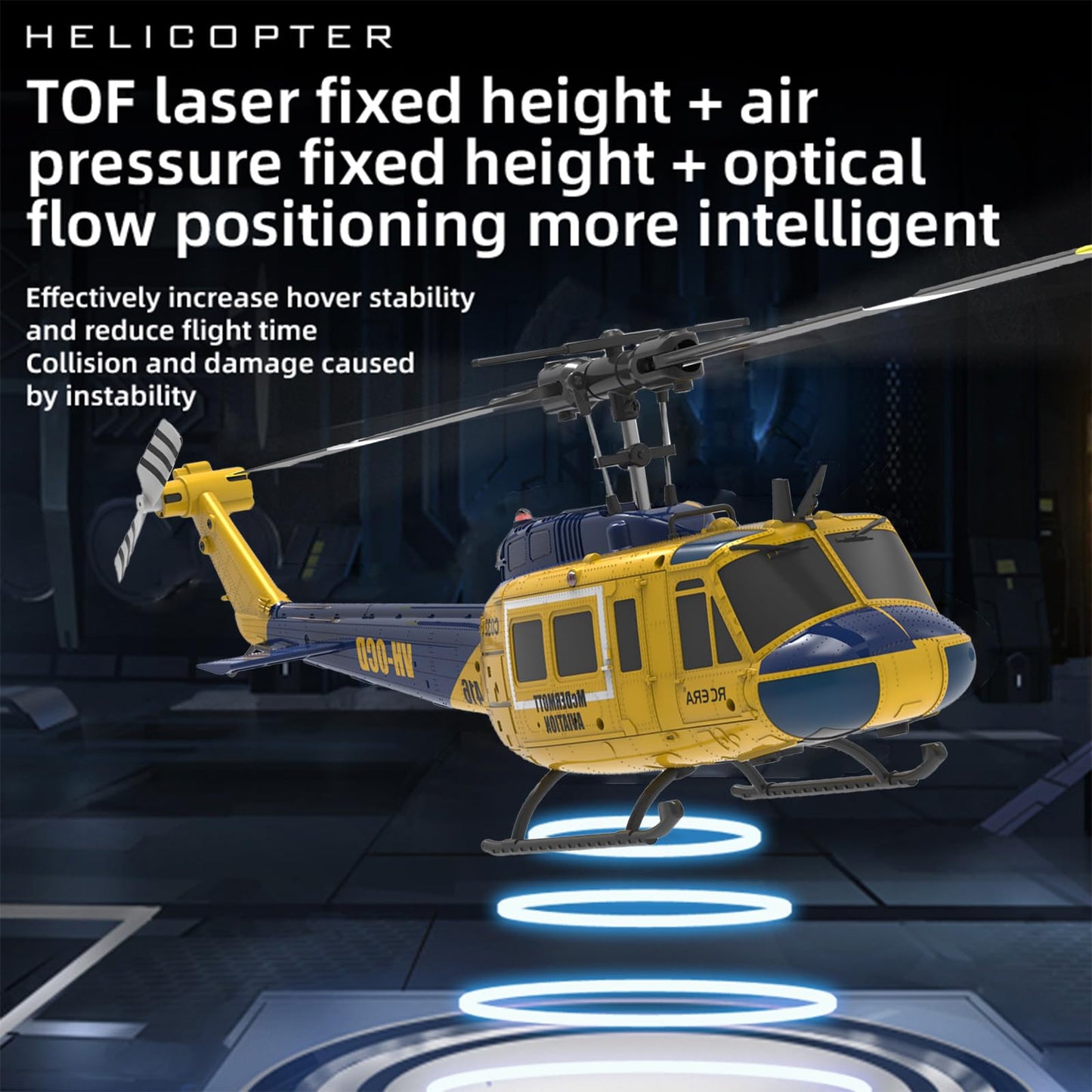 NBJIALIN RC ERA C032 UH-1 Huey Helicopter - Remote Control Helicopters for Adult, 1/48 Sacle 2.4G 6CH Gyro Stabilized Aircraft with Altitude Hold & Optical Flow,3D Stunt Drone (Yellow)