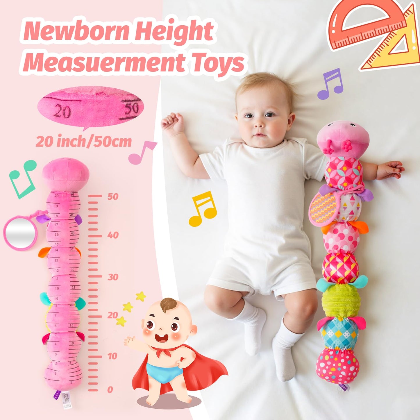Baby Toys 0-6 Months, Musical Caterpillar Plush Toy with Rattles,Crinkle Sound, Mirror, Newborn Sensory Toys for Infants Developmental Stuffed Animal with Tummy Time for Boys Girls 6-12 Month (Pink)
