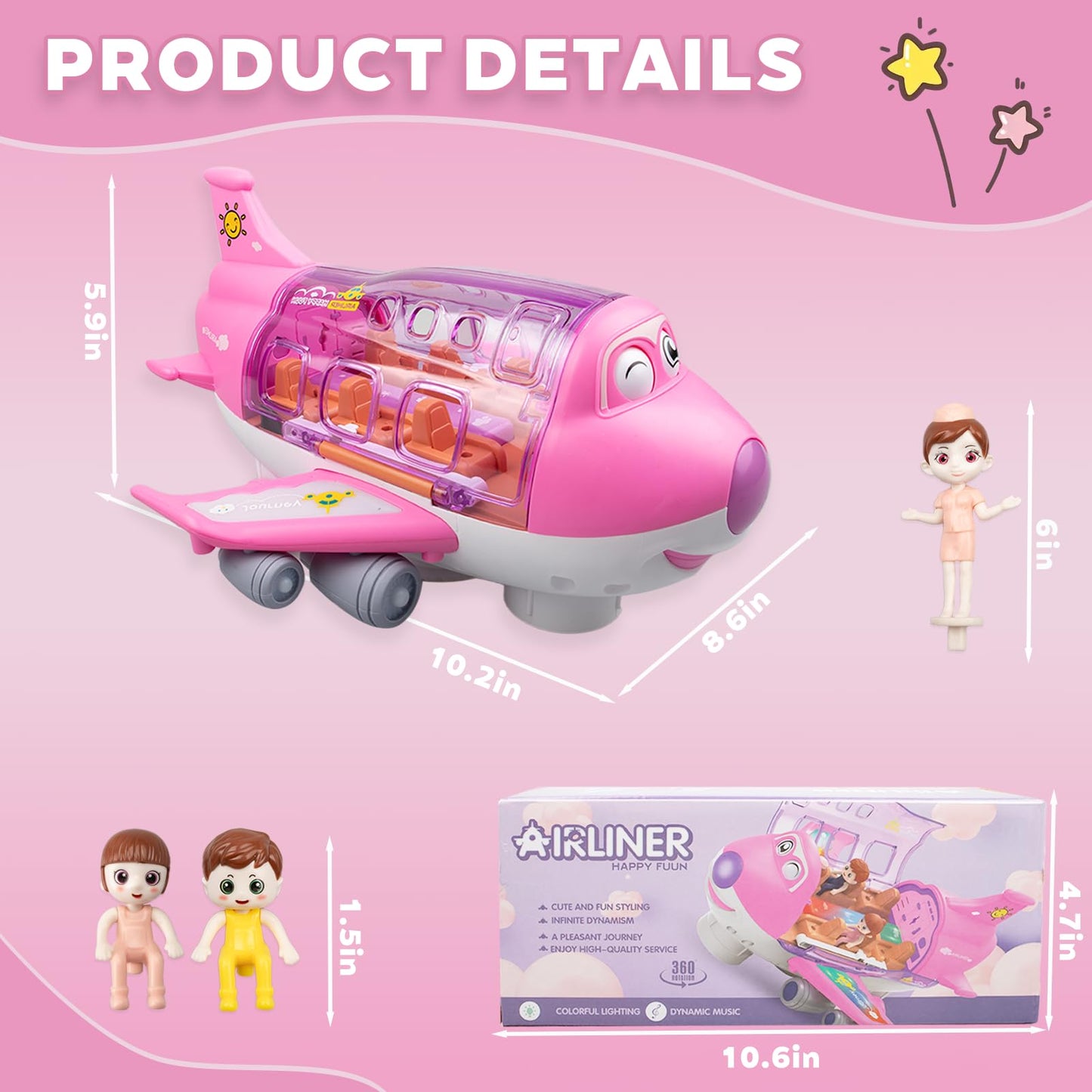 victob Pink Airplane for Toddler 1-3-5, Bump and Go Action Toy Airplane with LED Flashing Lights & Sounds, Birthday Gifts for Boys Girls Ages 4-8 Year Olds (Pink)