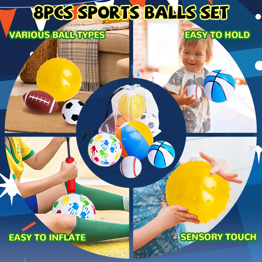 teytoy Set of 8 Sports Balls for Toddlers 1-3,Toddler Outdoor Toys,Soft Indoor Outdoor Ball Toys Boys Girls Kids Baby Ball-Basketball Baseball Football Rugby Bounce Ball Beach Ball with Free Bump/Bag