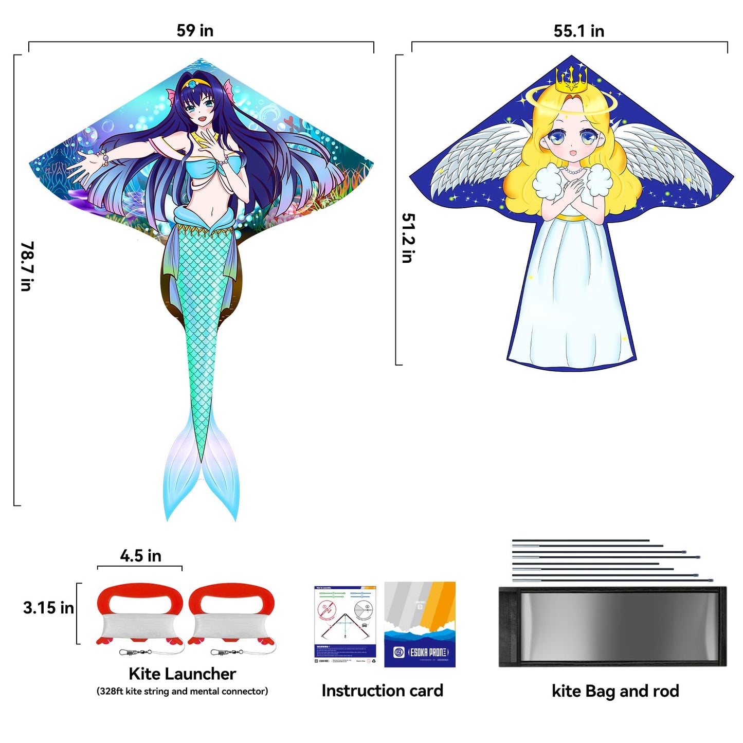 Kites for Adults & Kids Ages 4-8,Beach Kites Easy to Fly for Beginner, with Handle and 328ft Kite String，Best Toy and Gift for Boys & Girls. (Blue Haired Mermaid+Angel, 2)