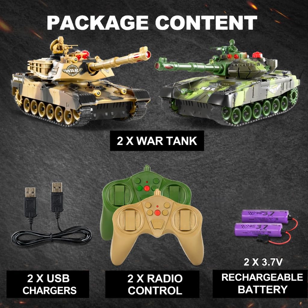 Haktoys 2-Pack RC Battle Tank Set – 1:24 Scale Remote Control Military Fighting Tanks with Lights, Realistic Sounds & Life Indicators | Radio Control Army Toy for Kids & Adults
