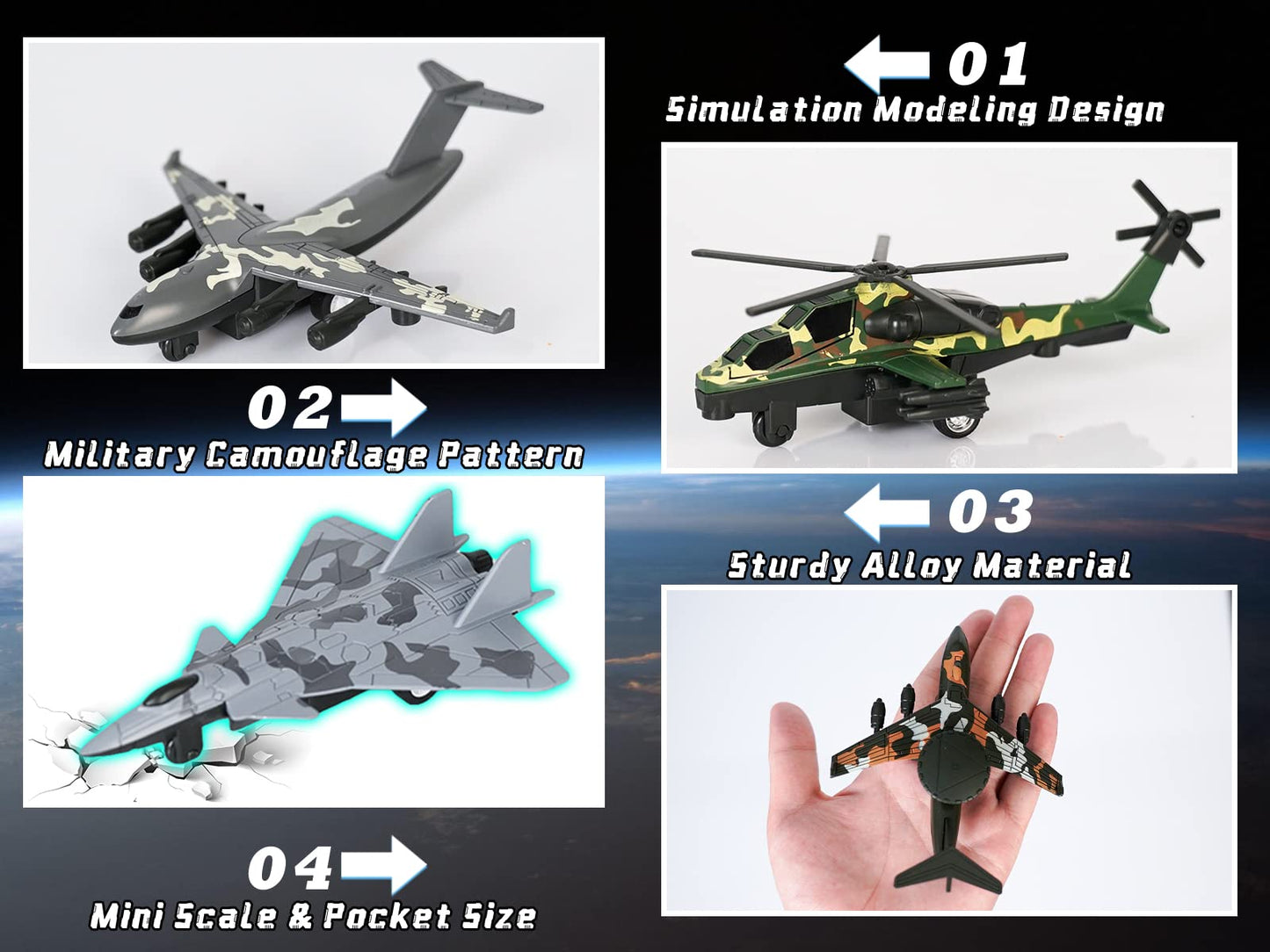 Crelloci 4PCS Army Airplane Toys Set-Diecast Aircraft Plane Model Kit Military Fighter Jet Playset Helicopter Camouflage Pull Back Aircraft Kids Play Vehicle for 3+Year Old Boys Girls