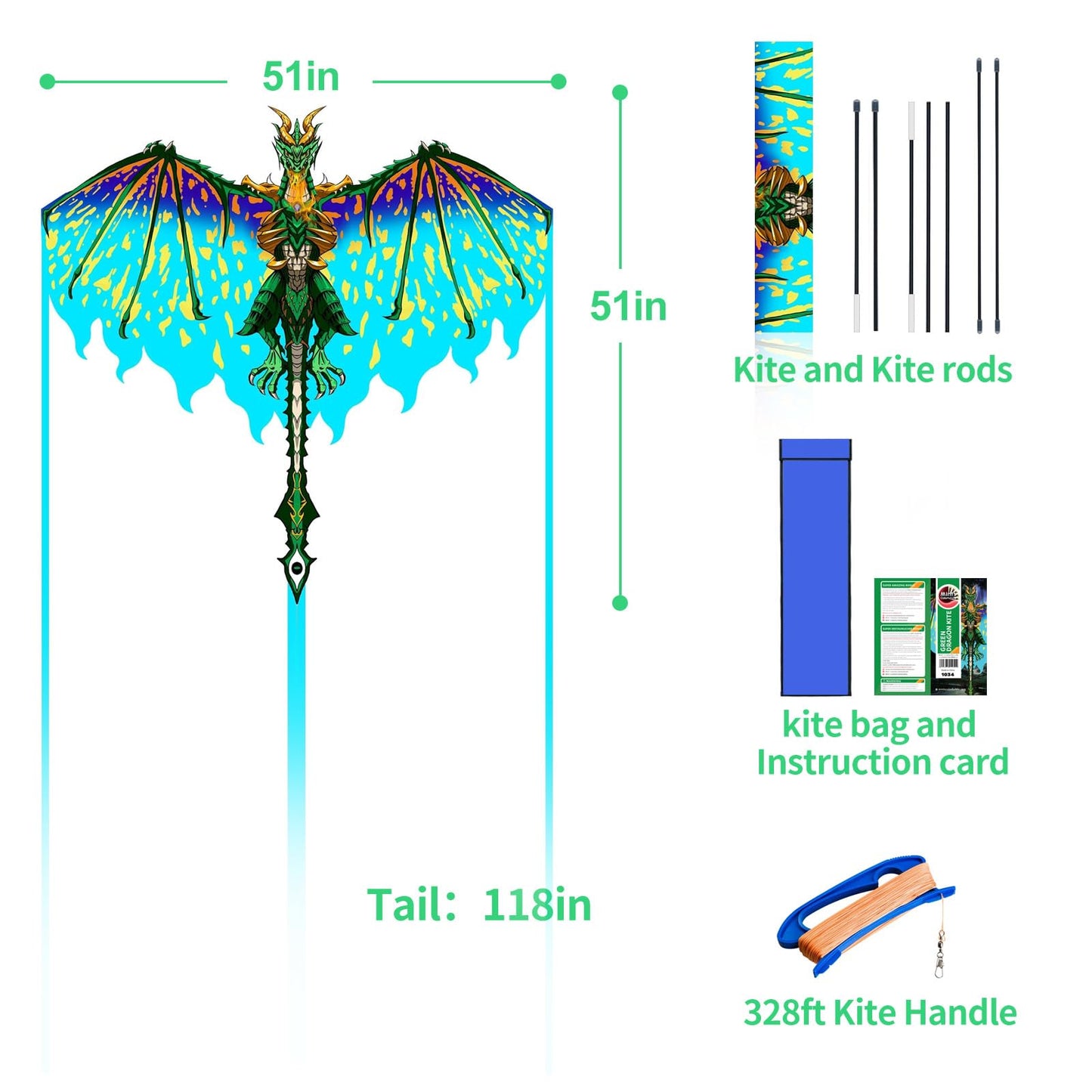 Mint's Colorful Life Dragon Kite for Kids & Adults, Easy to Fly Kites for Beginners,Large Single Line Kite for Beach Trip with 300ft Kites String(Green)