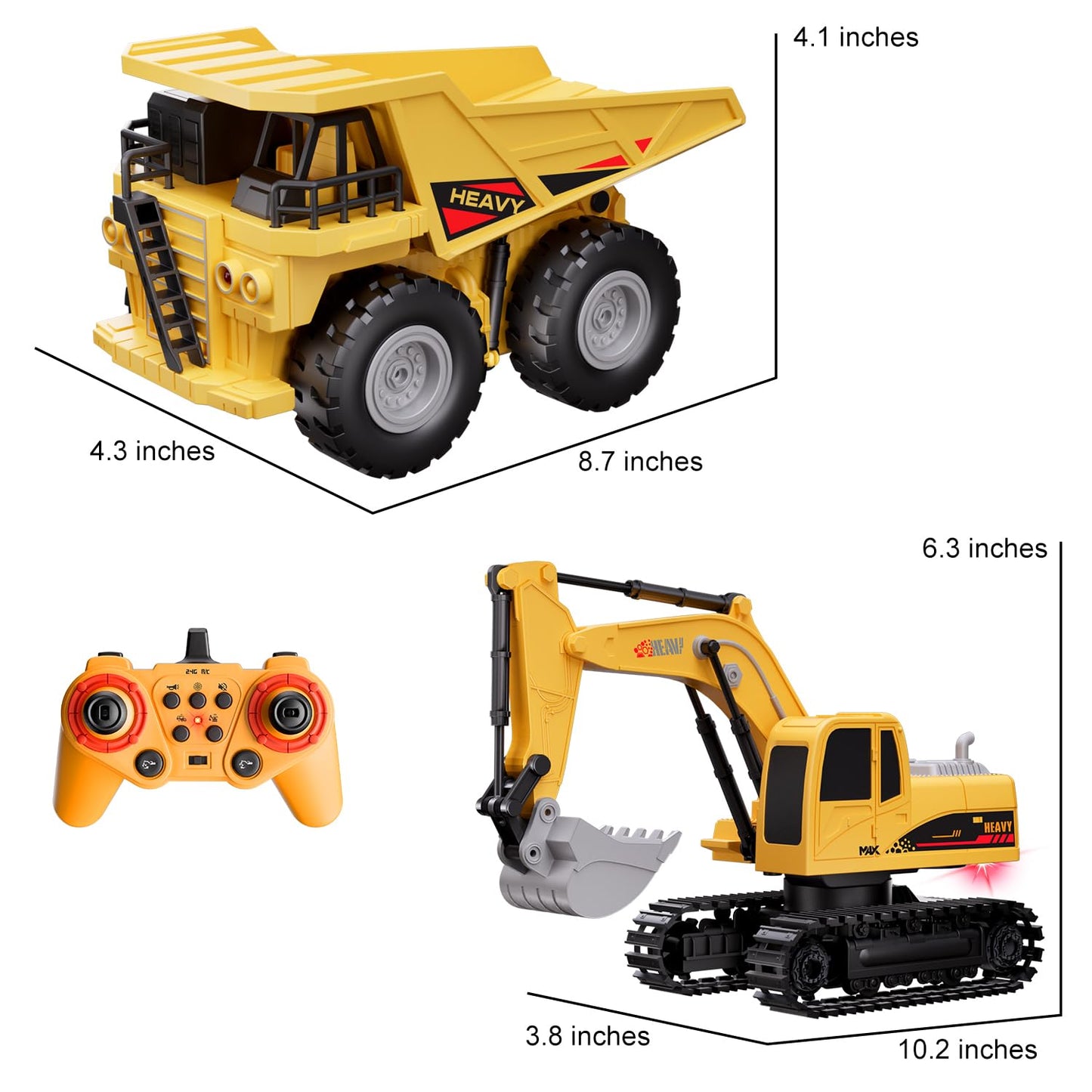 QuirkyGlee RC Excavator and Dump Truck Toy Set for Kids - 11 Channel Remote Control Construction Vehicle with Lights and Sounds, Music, 2.4Ghz Rechargable Digger Car, Gifts for Boys Kids Ages 6-8
