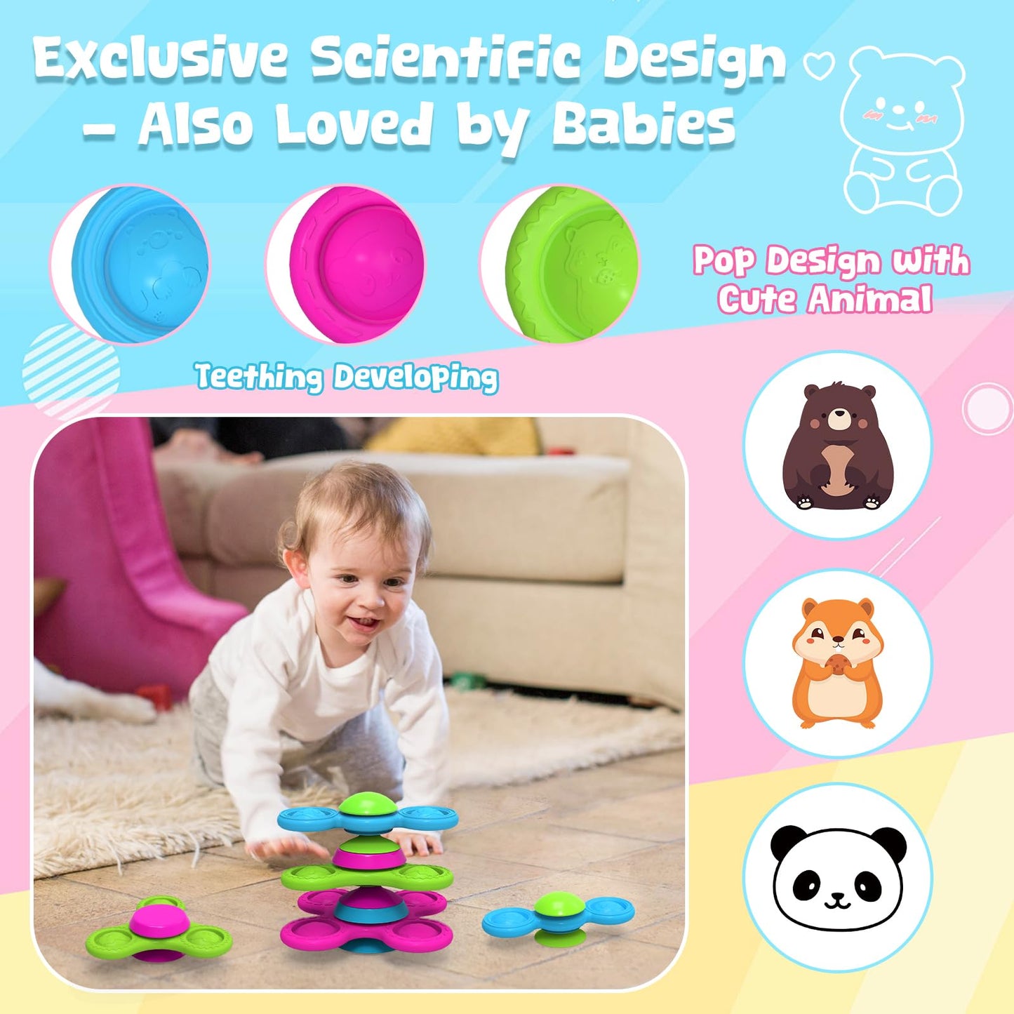 Guibola Spinner Toys for Babies, 3PCS | Suction Cup Spinner Toy for 1 2 Year Old Boys Girls | Suction Spinners Baby | Baby Toys 12-18 Months | Sensory Toy for Toddlers 1-3 (Cute Animals)