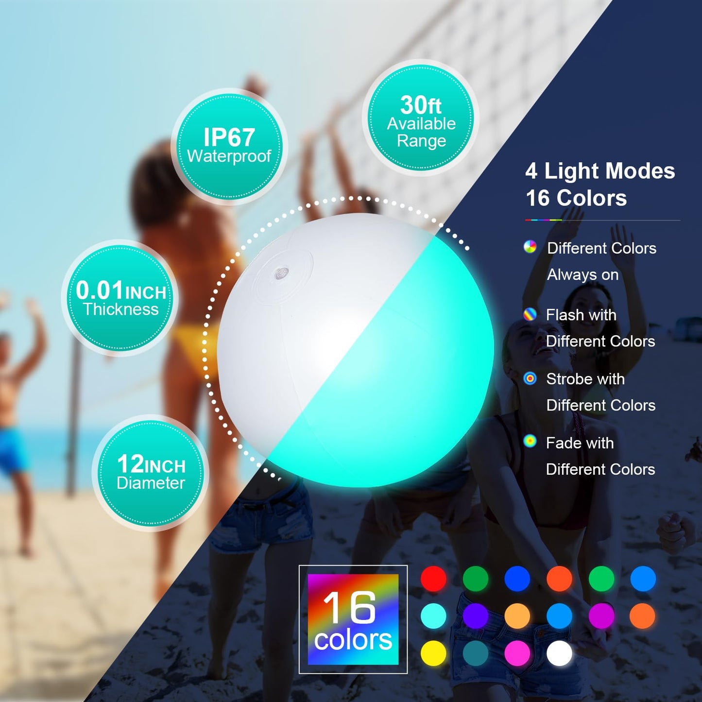 Icnice Pool Toys, LED Beach Ball, Glow in Dark Party Supplies, 4 Pack Inflatable Light up Ballon 12'' Floating Pool Light with Remote 16 Color 4 Mode (6 Pack)