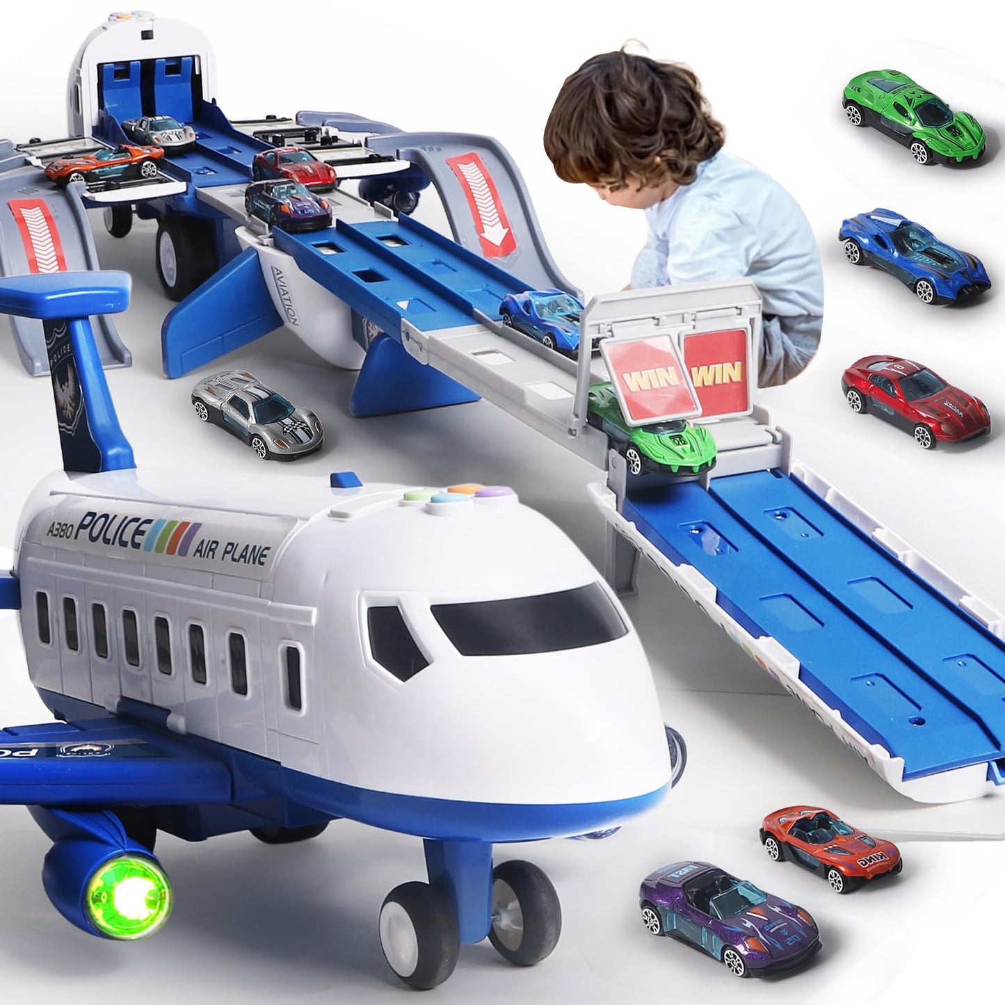 Airplane Toy Race Track Kids Toys, Foldable 4 Layer Toddler Car Track Playset, Toy Plane Transport Car Carrier & 6 Race Cars, Toddlers Toys Birthday Xmas Gifts for Age 3 4 5 6+ Years Old Boys Girls