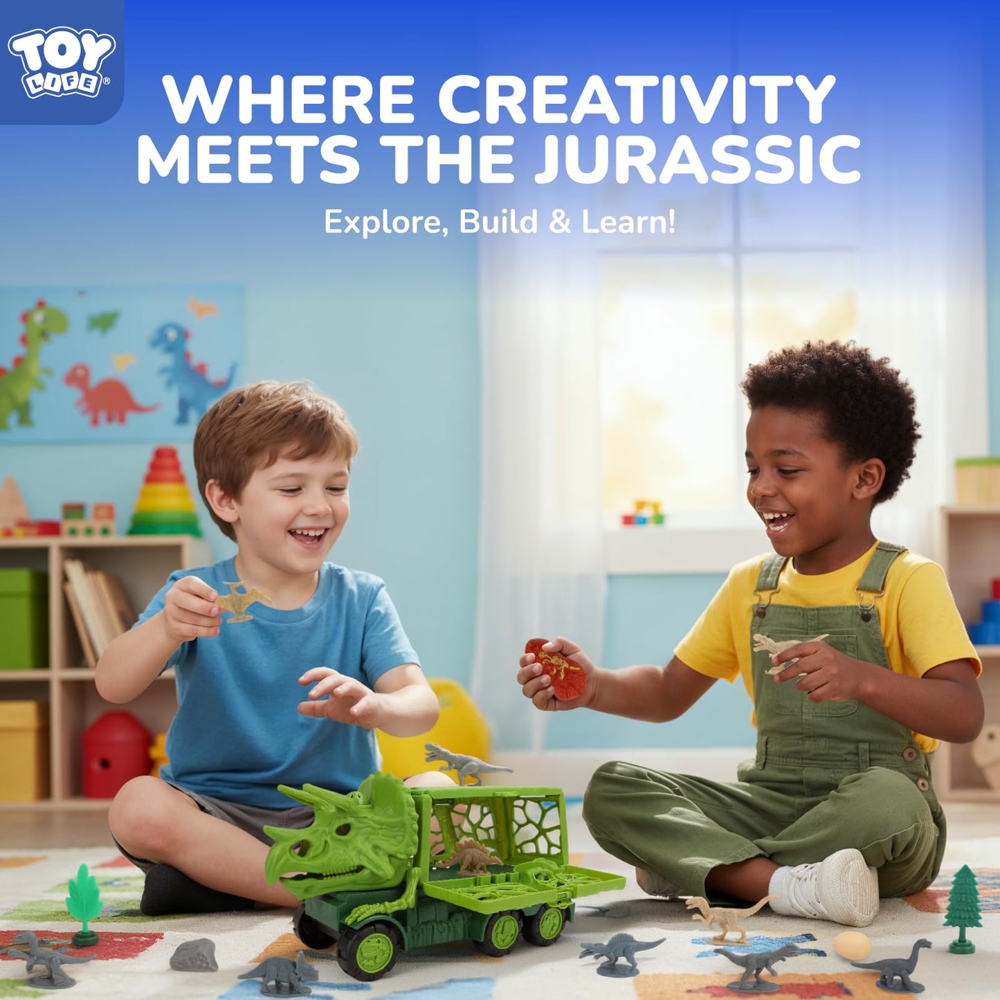 TOY Life Triceratops Dinosaur Truck with Track & Lights & Sounds, Dinosaur Toys for Kids 3-5 Transport Playset with Dino Cars, Fossil & Scene Assembly Toys for 2 3 4 5 Year Old Boys
