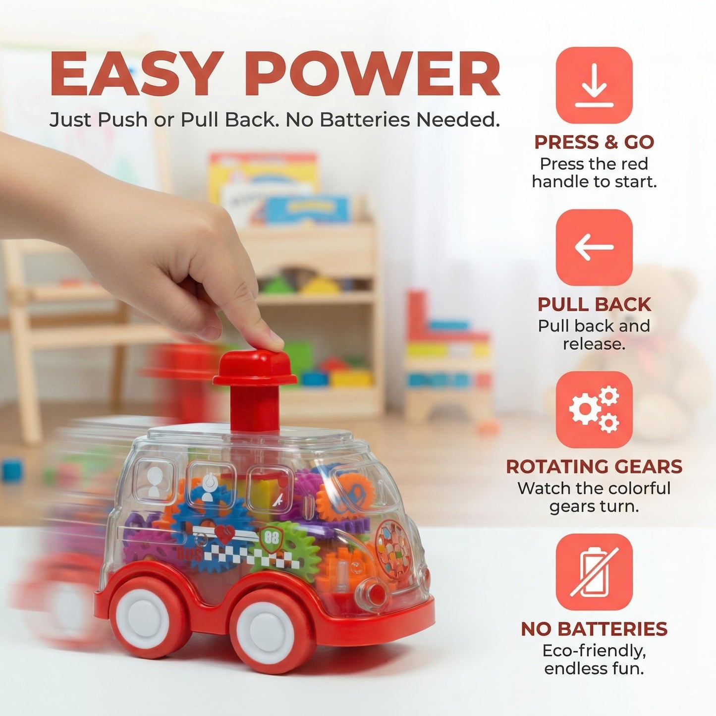 Toy Cars for Toddlers 1-3, 3 Pack Transparent Gear Press and Go Friction Powered Cars, No Battery Push Go Baby Car for 1 Year Old Boys Girls, First Birthday Gift