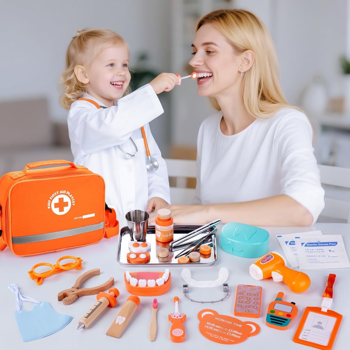 Kids Dentist Play Set, Wooden Doctor Kit for Toddlers 3-5 with Real Stethoscope, Removable Teeth, Braces & Storage Bag, Pretend Play Dental Playset Medical Kits Toys Gifts for 3 4 Year Old Girls