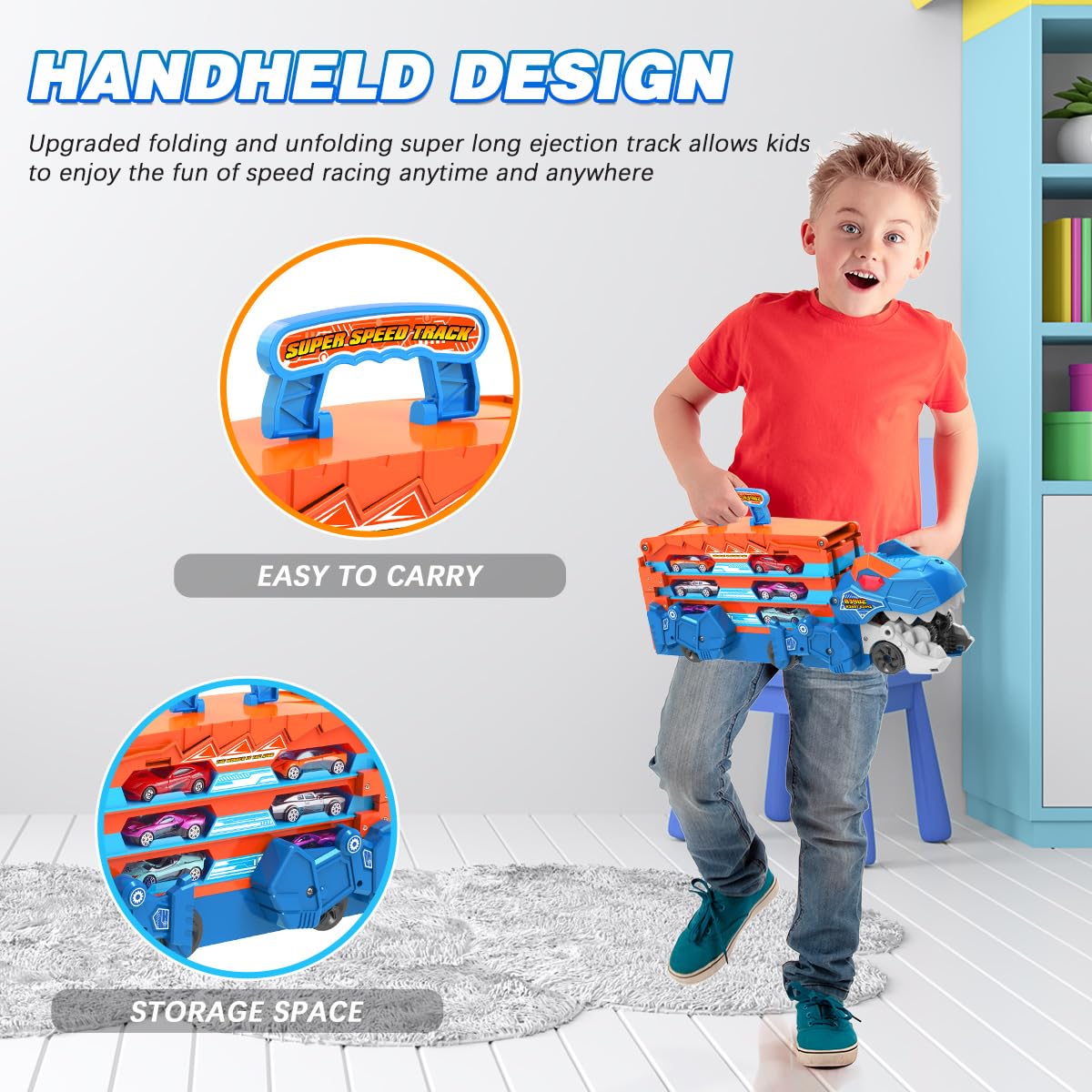 TERRAMUS Dinosaur Transport Truck Toy for Kids - 3 in 1 Ejection Folding Track Toys w/Sound 8 Race Cars, Portable Vehicles Set Best Gift for Boys Girls 3 4 5 6 Years Old - Possesses Invention Patents