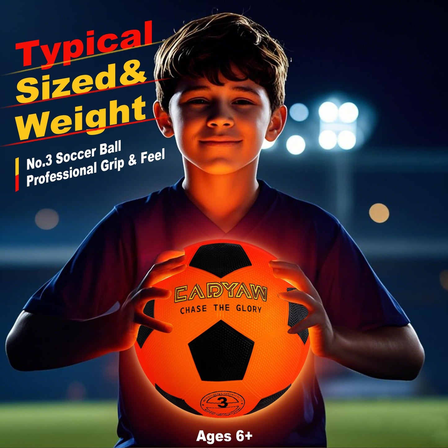 Cadyaw Glow in The Dark Soccer Ball, Rechargeable Light up Soccer Toys, Birthday Gift for Boys and Girls 3-12, Cool Toys for Kids Outdoor Night Activity - Size 3