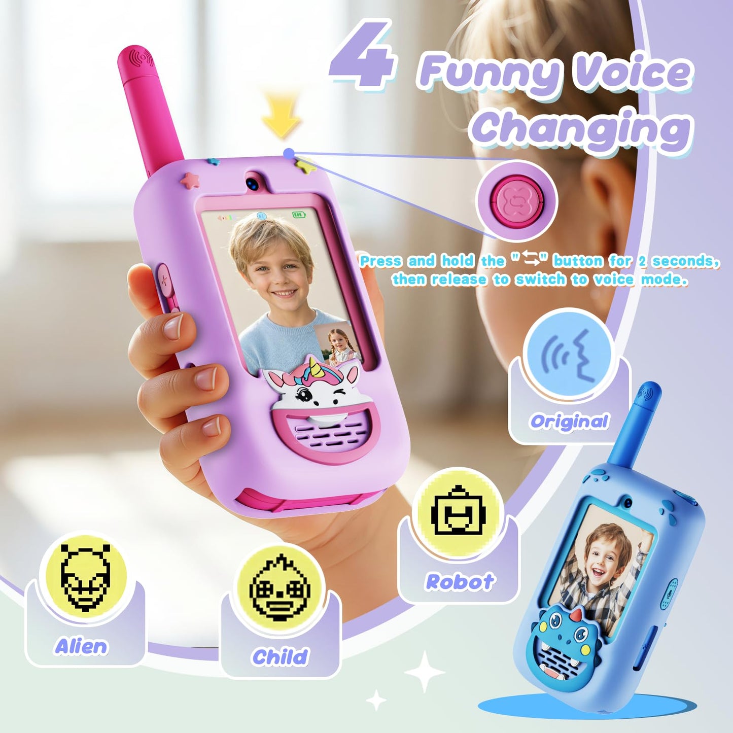Video Walkie Talkies for Kids, 2 Pack with HD Camera, Long Range Two Way Radio with 4 Voice Effects, Christmas Birthday Gifts for Boys and Girls 3 4 5 6 7 8 9 Year Olds