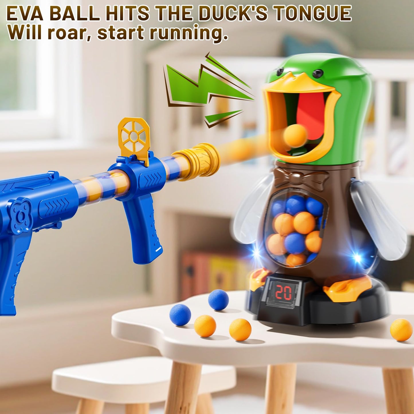 NIPLOOOW Duck Shooting Toys for Kids 3-5, Movable Target Shooting Games with 2 Air Pump Launcher, LCD Score Record, Sound, 48 Foam Balls, Birthday Gift for Boys Girls Ages 3 4 5 6 7 8 Years Old