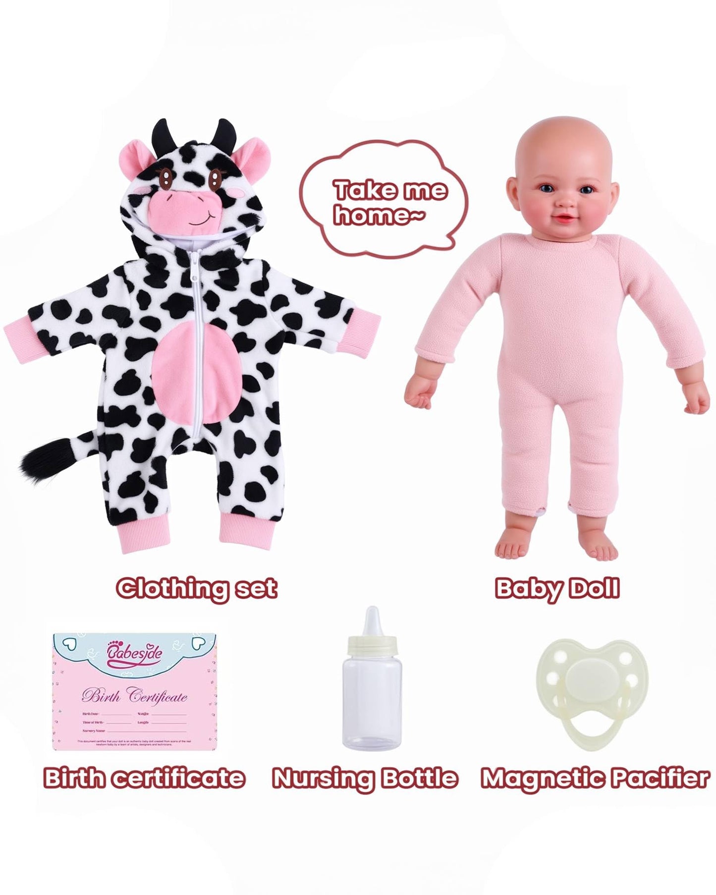 BABESIDE Baby Doll Girl - 17-Inch Soft Body Realistic Baby Doll with Blue Eyes and Cow Outfit Lightweight Real Life Baby Dolls for 3+ 4 5 6 7 8 9 Years Girl Birthday Gifts, Pretend Play and Christmas