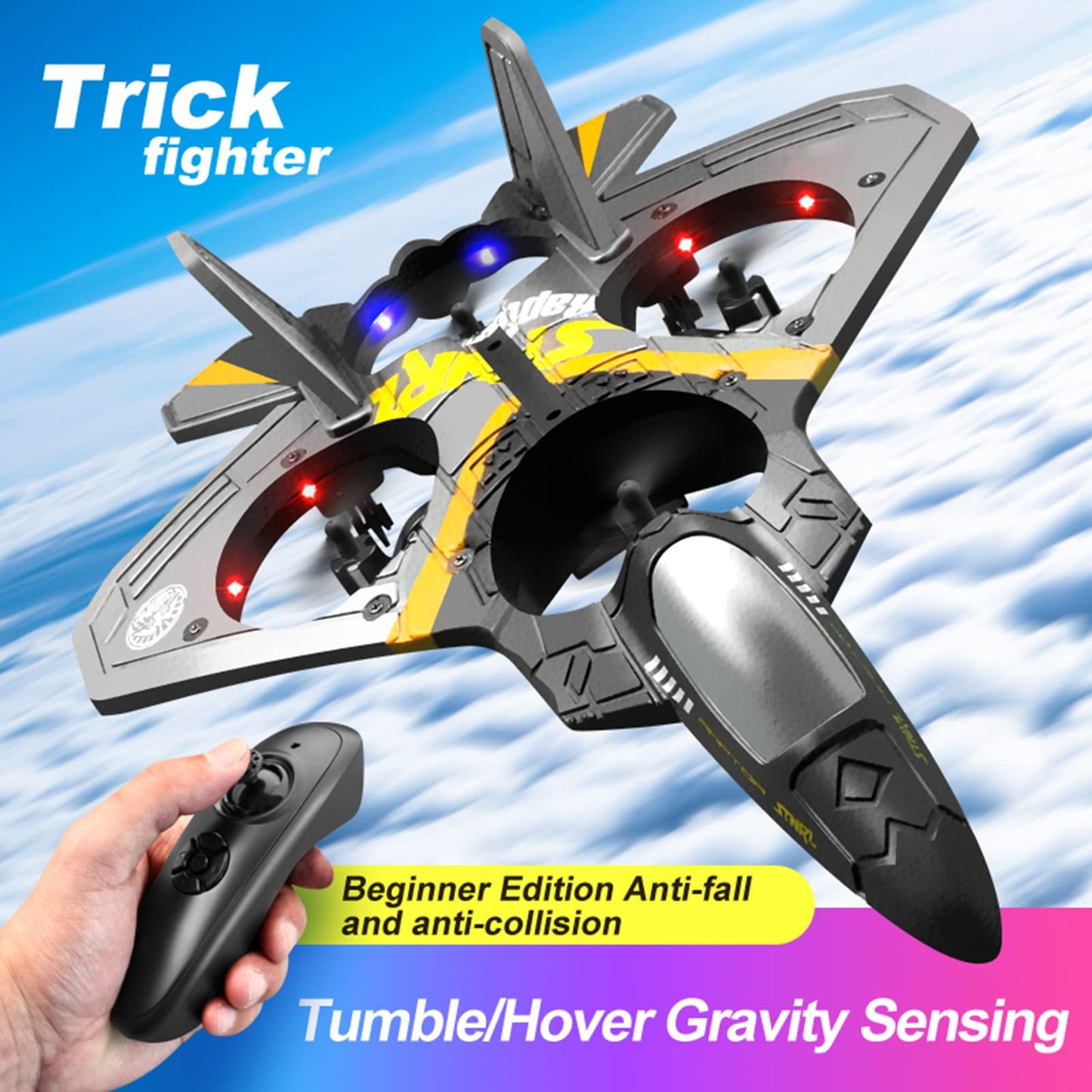 GoolRC V17 Remote Control Plane, 2.4Ghz Foam RC Airplanes Jet Fighter Stunt RC Airplane with Spinning Drone,Gravity Sensing,Stunt Roll,Cool Light,2 Battery forTeens Adults