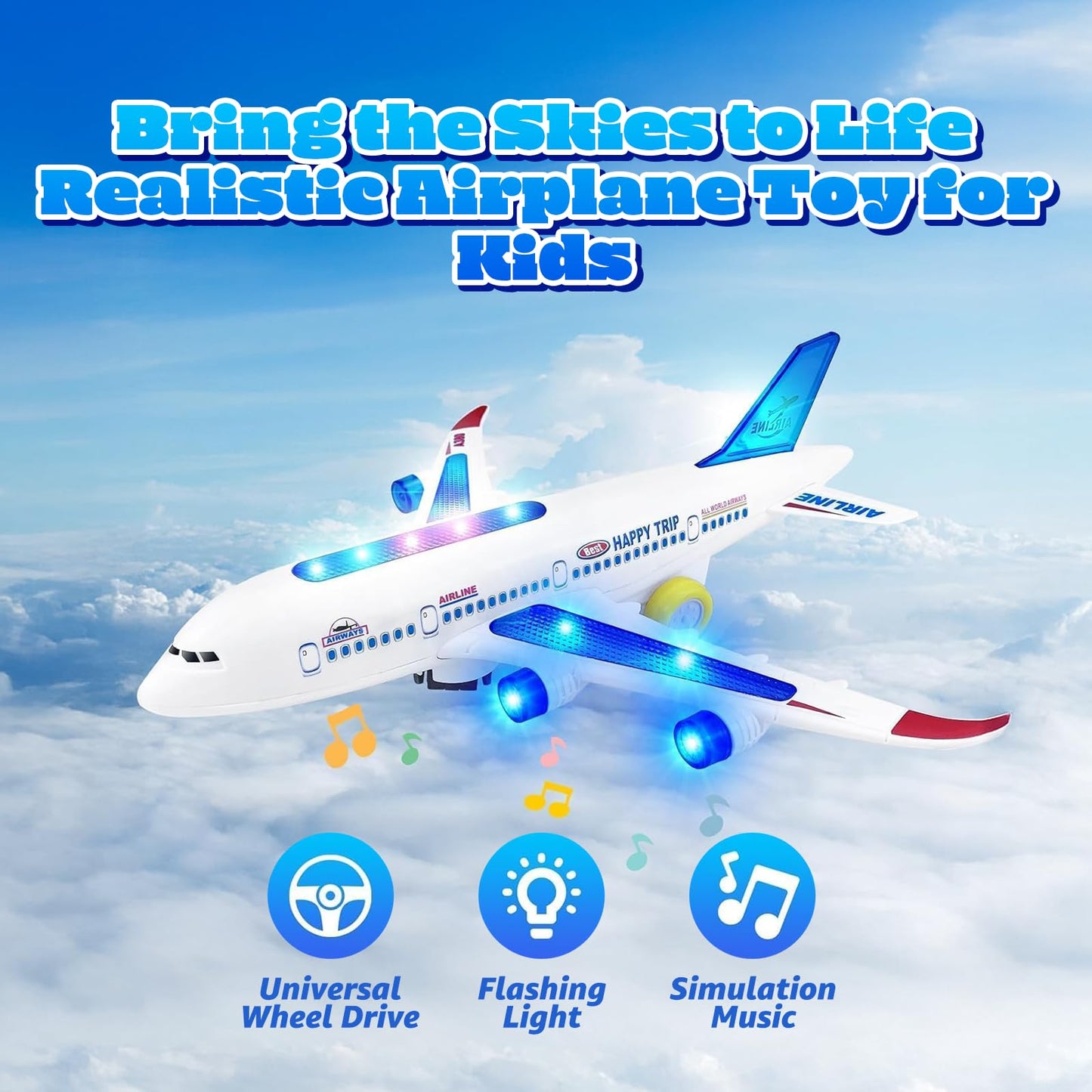 AtomDream Tech Aeroplane Toy - Electric Aeroplane Toy with Flashing LED Lights & Sounds – Bump and Go Mechanism, Durable ABS Construction, for Kids Ages 3-8