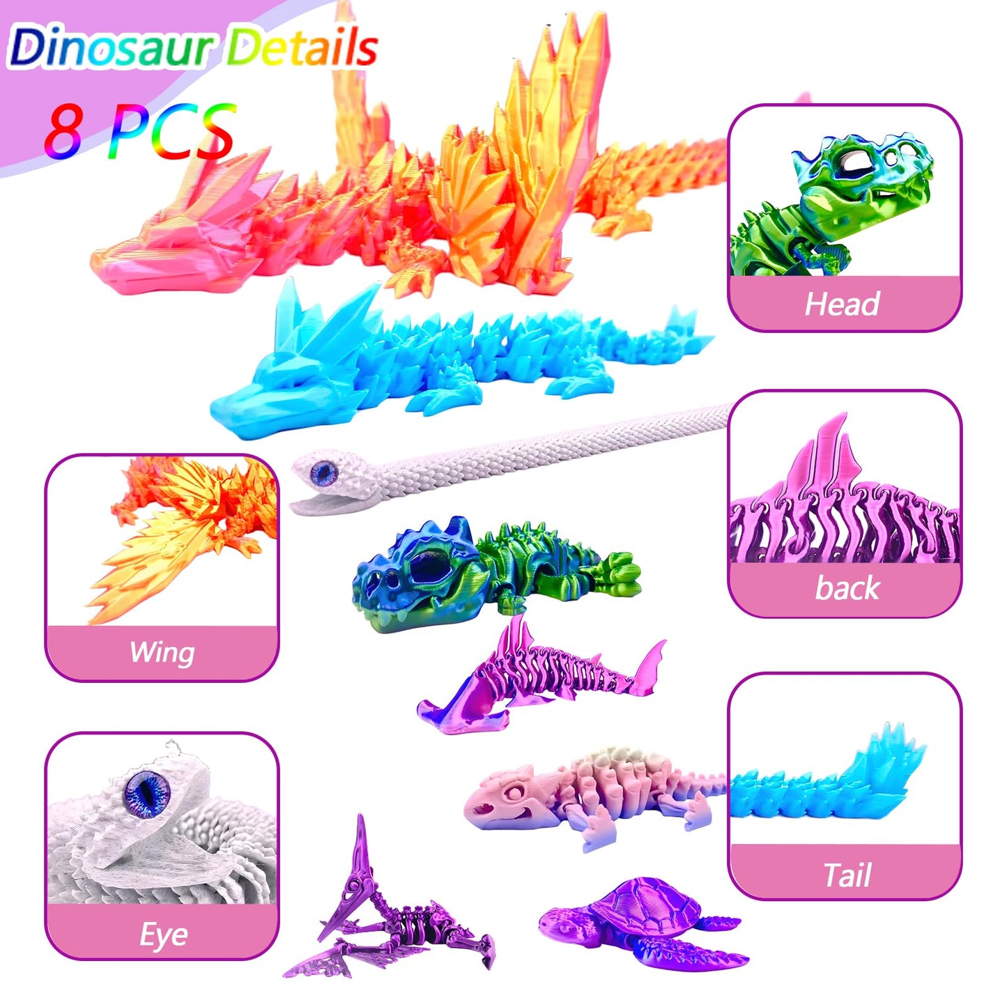 TJYZGXQ 8pcs 3D Printed Dinosaur, Snake Turtle Pterosaur T-Rex Fidget Toys,Crystal Dragon Flying Dragon，Desk Executive Toy，Easter,Toys for Boys Kids Teen 5-7 4-6 8-12