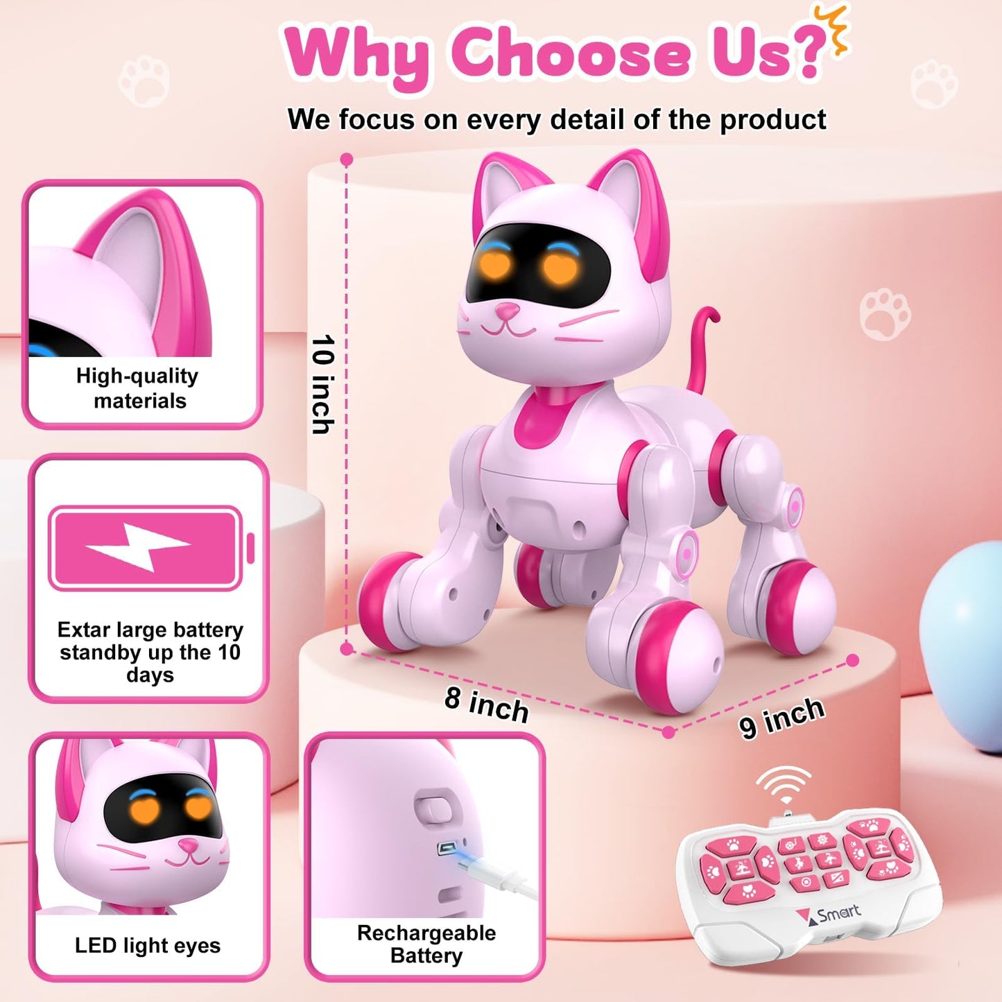 Robot Cat Interactive Toys for Girls: Remote Control Electronic Pink Kitty Pets - Robotic Can Dancing Touch Programmable Mechanical Cat for Kids Age 4-9 Christmas/Birthday Surprise Gifts