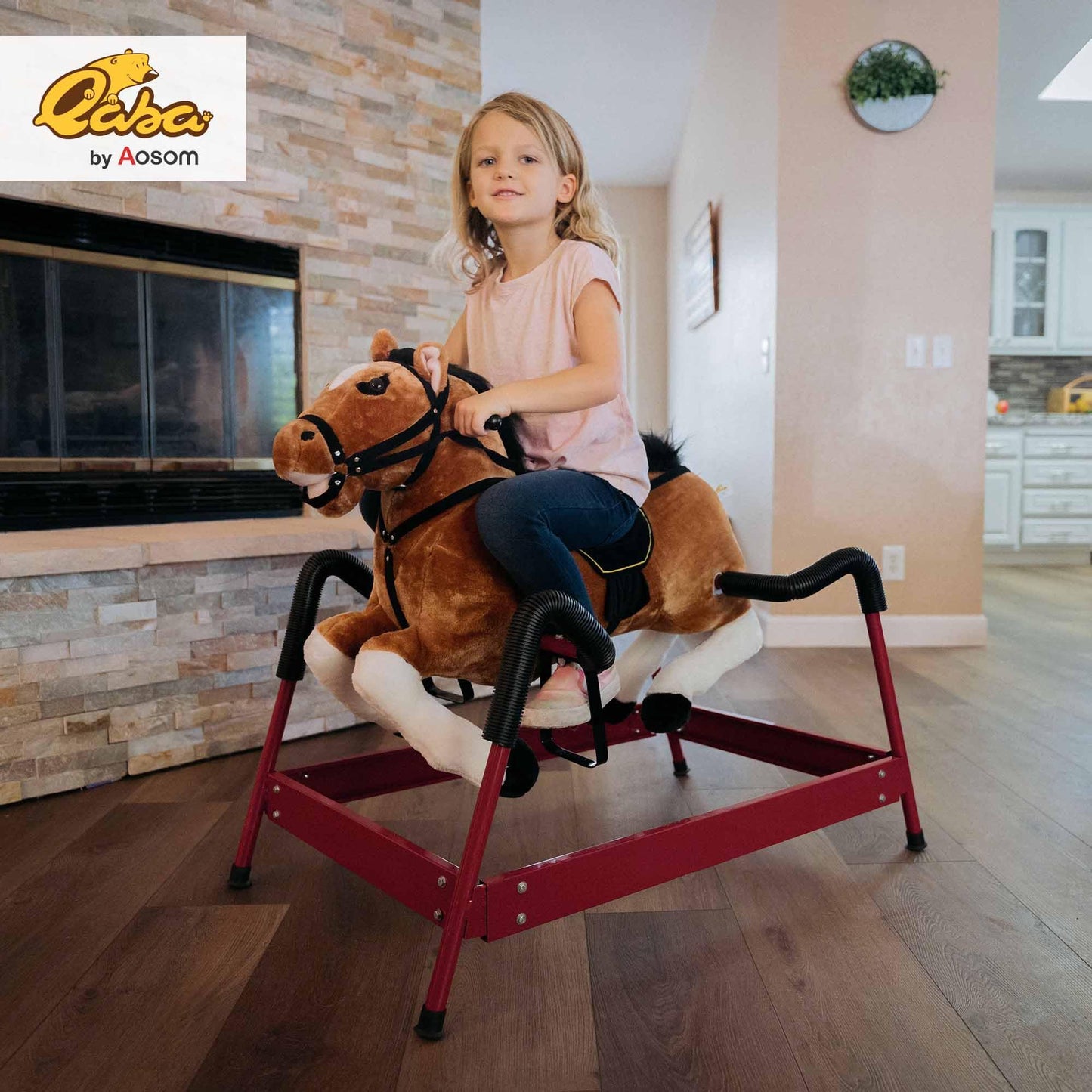 Qaba Durable Plush Toddlers Spring Rocking Horse, Bouncing Rocker Toy with Realistic Sounds