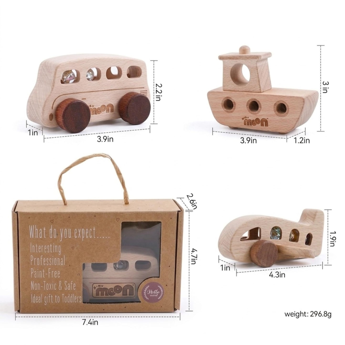 MINYMOON Wooden Toys for 1 Year Old – Montessori Baby Toy Set with Bus, Airplane & Boat – Minimalist Nursery Decor & Teething Safe Infant Toys for Boys and Girls – 3 Piece Ergo-Fit Toddler Car Set