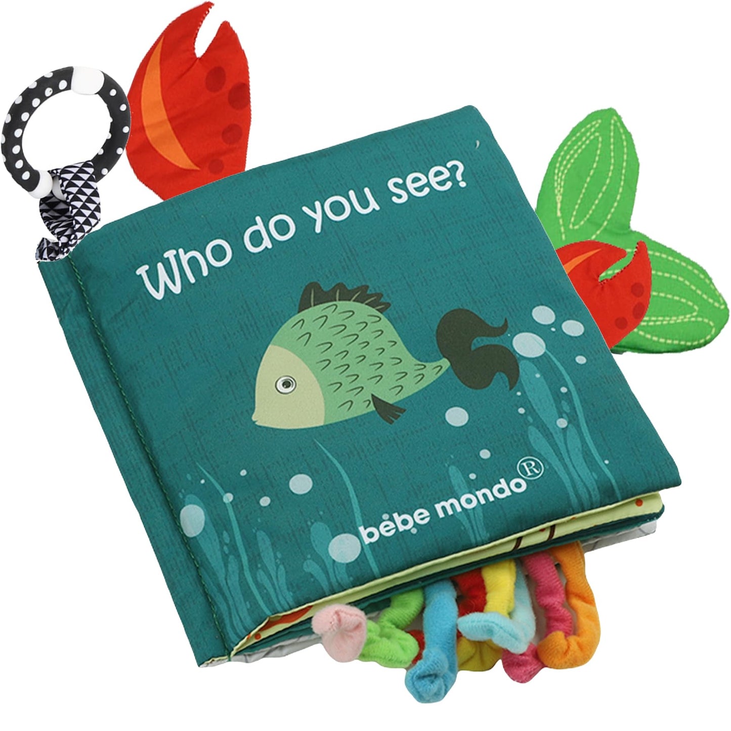 Fish Baby Books, Crinkle Books for Babies,Touch Feel,Infant Baby Toys 0-3 0-6 6-12 Months, Sensory Mirror Toys,Soft Teether,Teething,Shower Baby Easter Basket Stuffers,Baby Gifts for Boys Girls-Green