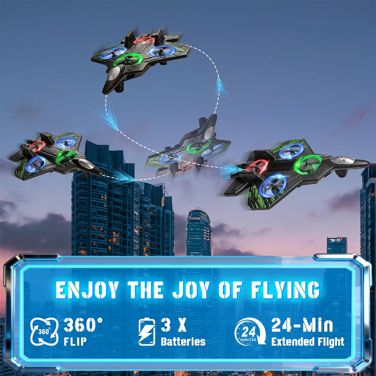Merimon Foam RC Plane for Kids Adults, Remote Control Airplane with 3 Rechargeable Batteries, Cool Led Light and 360° Flip, Stunt RC Jet Plane Toy Gift for Kids 6+ (Olive Green-3 Batteries)