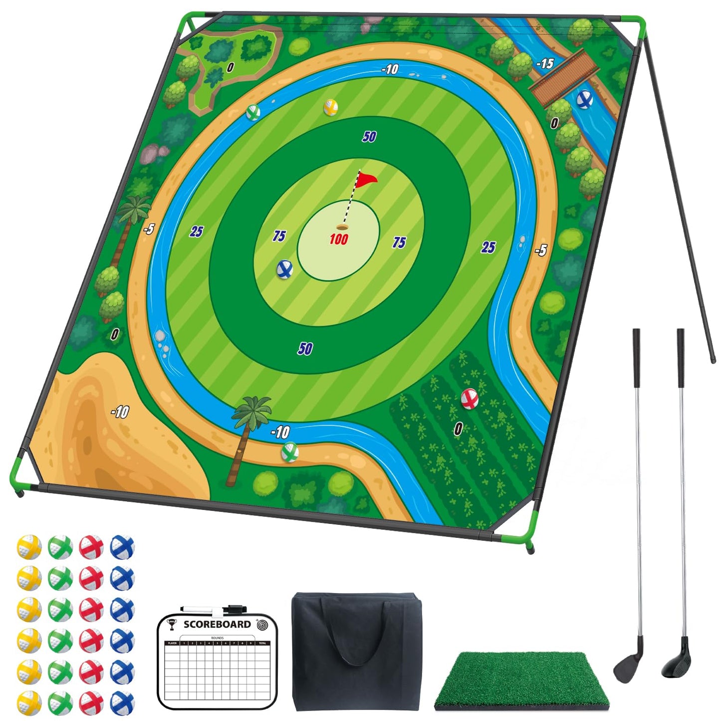 Mostop Large Golf Chipping Game, Outdoor Backyard Lawn Game for Adults Teens,70x70 Inch Chipping Mat with 20 Sticky Balls, Portable Indoor Outdoor Chipping Golf Gift for Dad, Men, Women & Family