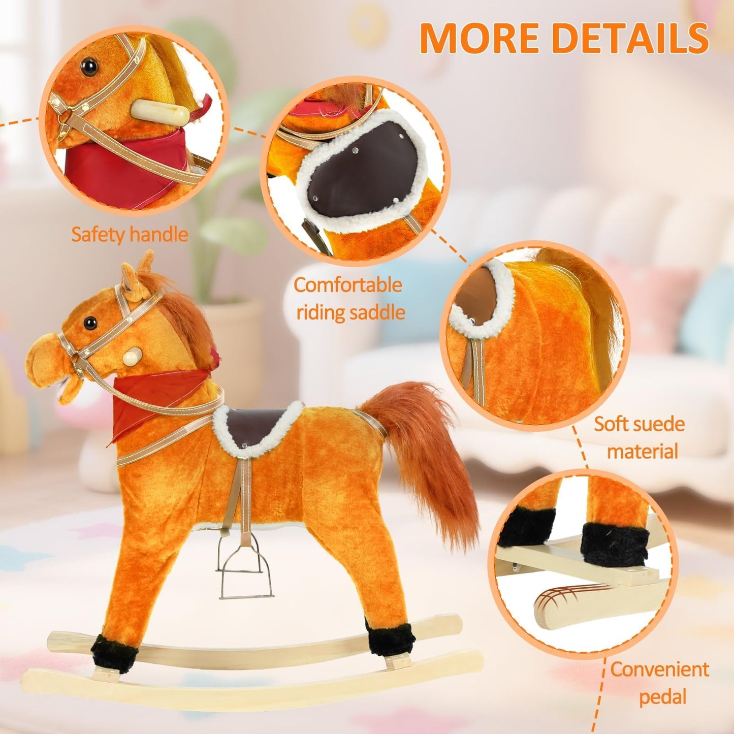JENPECH Rocking Horse Toy for Kids Plush Ride on Animal with Wooden Rockers, Moving Mouth and Wagging Tail, Musical Sounds, Baby Rocking Chair, 120kg Weight Capacity, Ages 1-6 Light Brown Middle