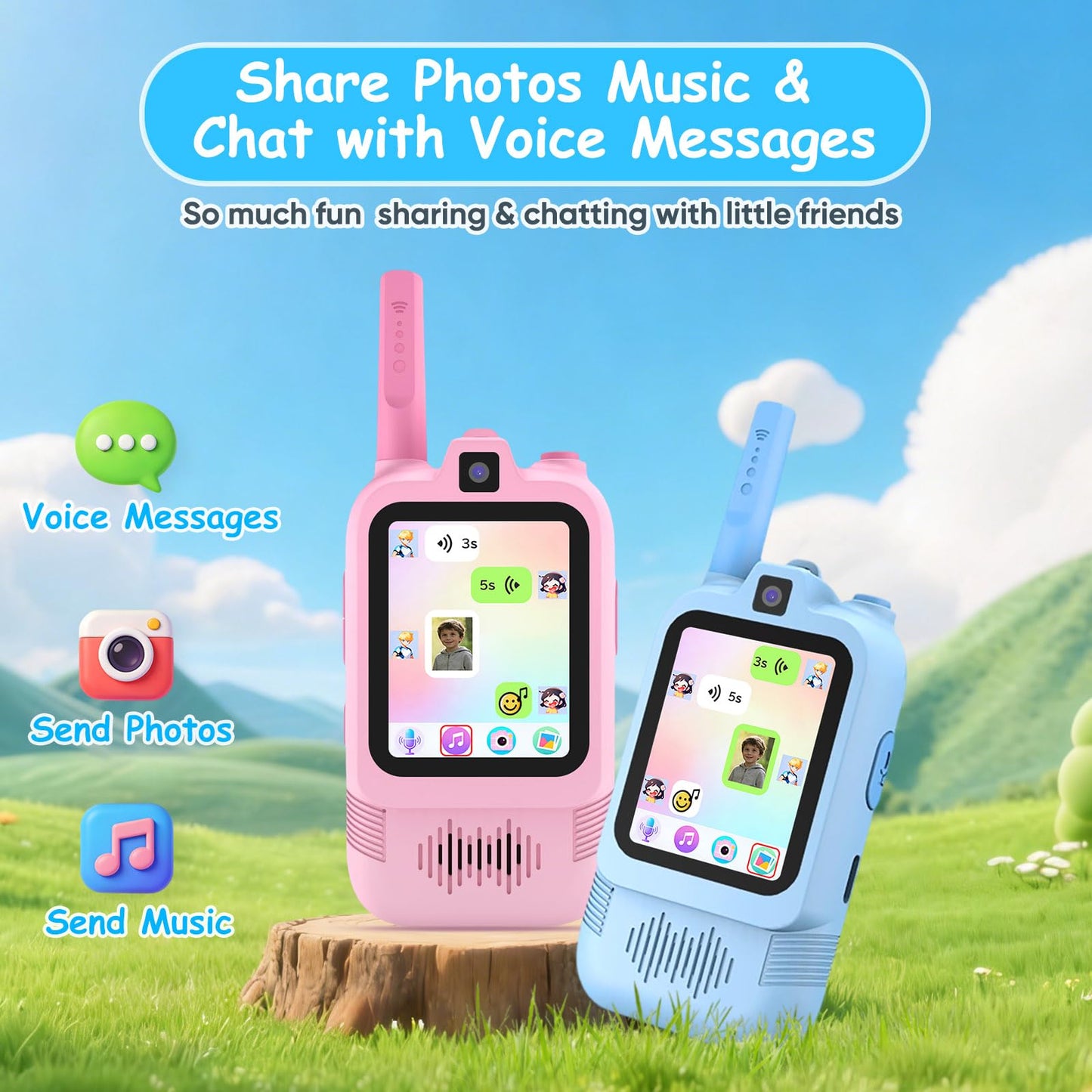 Video Walkie Talkies for Kids with Front and Rear Cameras, 2 Pack Long Range Rechargeable Kids Walkie Talkies with Video Call, Walkie Talkies Toy Gift for Indoor Outdoor Camping Hiking Boys Girls