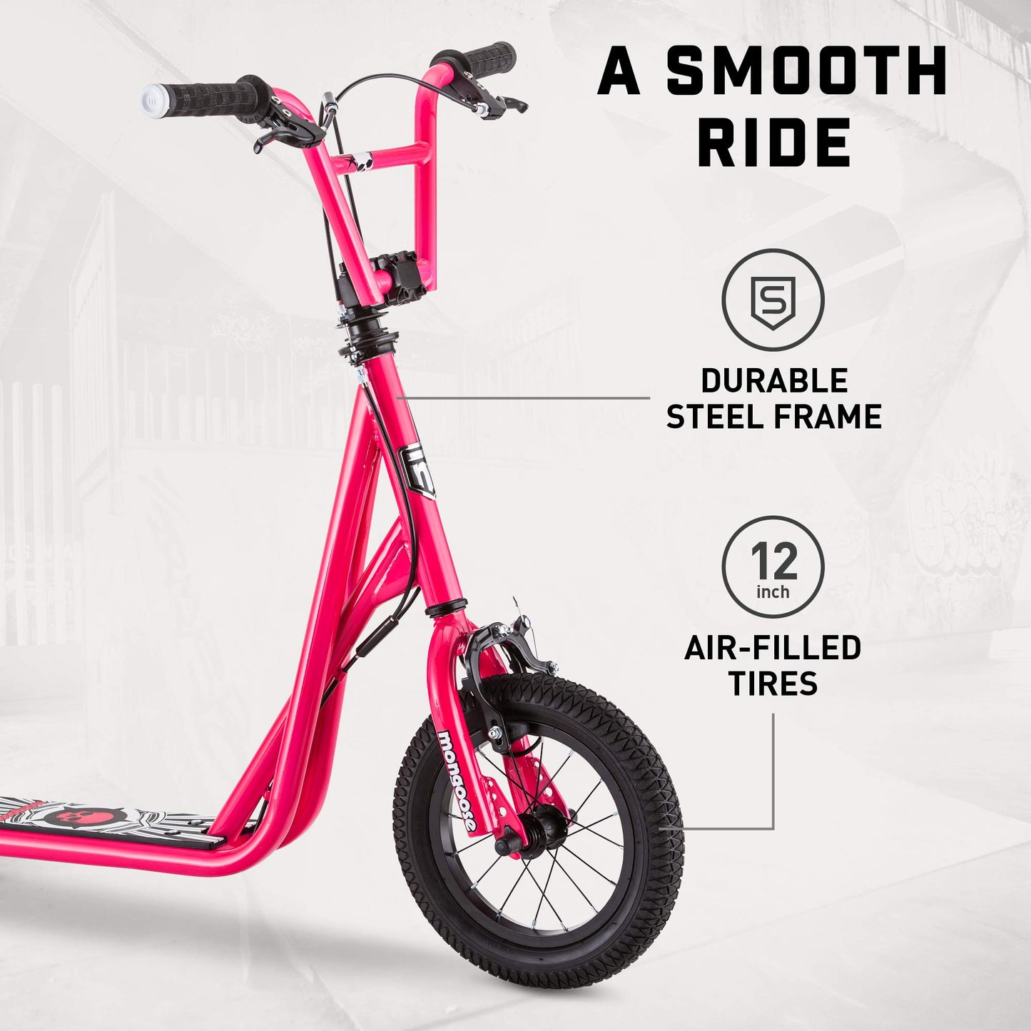 Mongoose Expo Scooter, Ages 6+, 12-Inch Air-Filled Wheels, BMX-Style Handlebars, Steel Frame, Wide Foot Deck, Axle Pegs, Freestyle Gyro Brake Rotor, Kick Scooter for Boys and Girls