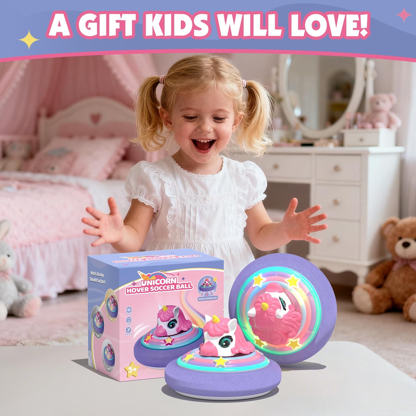 Hover Soccer Ball for Kids, Unicorn Toys for Girls with Light & Music, Indoor Games Birthday for Girls Age 4 5 6 7 8 9 10 11 12 Year Old, Kids Football Sport Toys