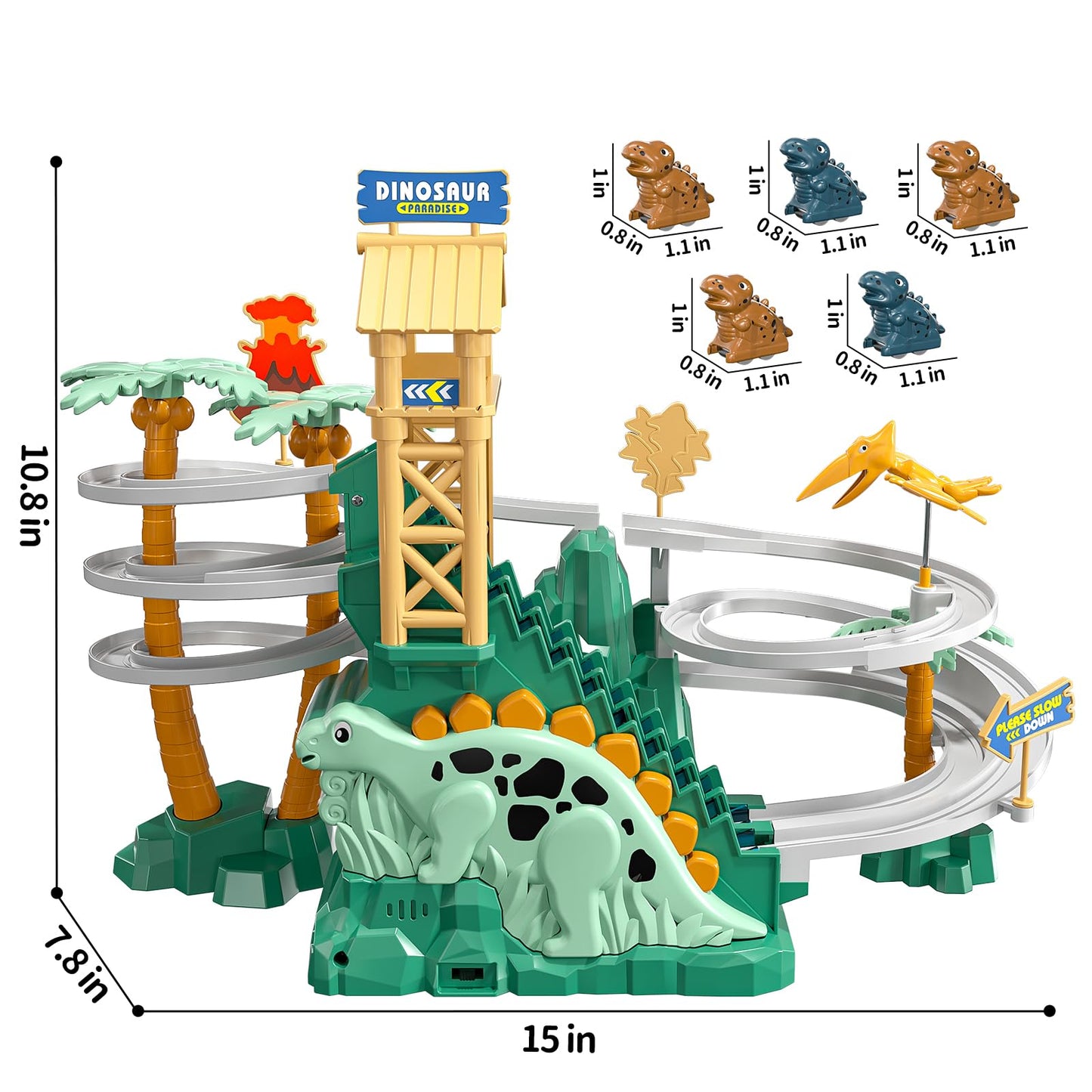 JUKUDAHU Dinosaur Climbing Slide Stair Toy for Toddlers Aged 3 4 5 6 7 8 - Racing Track Game Set, Sliding Car Toy, Dinosaur Themed with Light and Music, Birthday Dinosaur Gifts for Boys Girls Kids