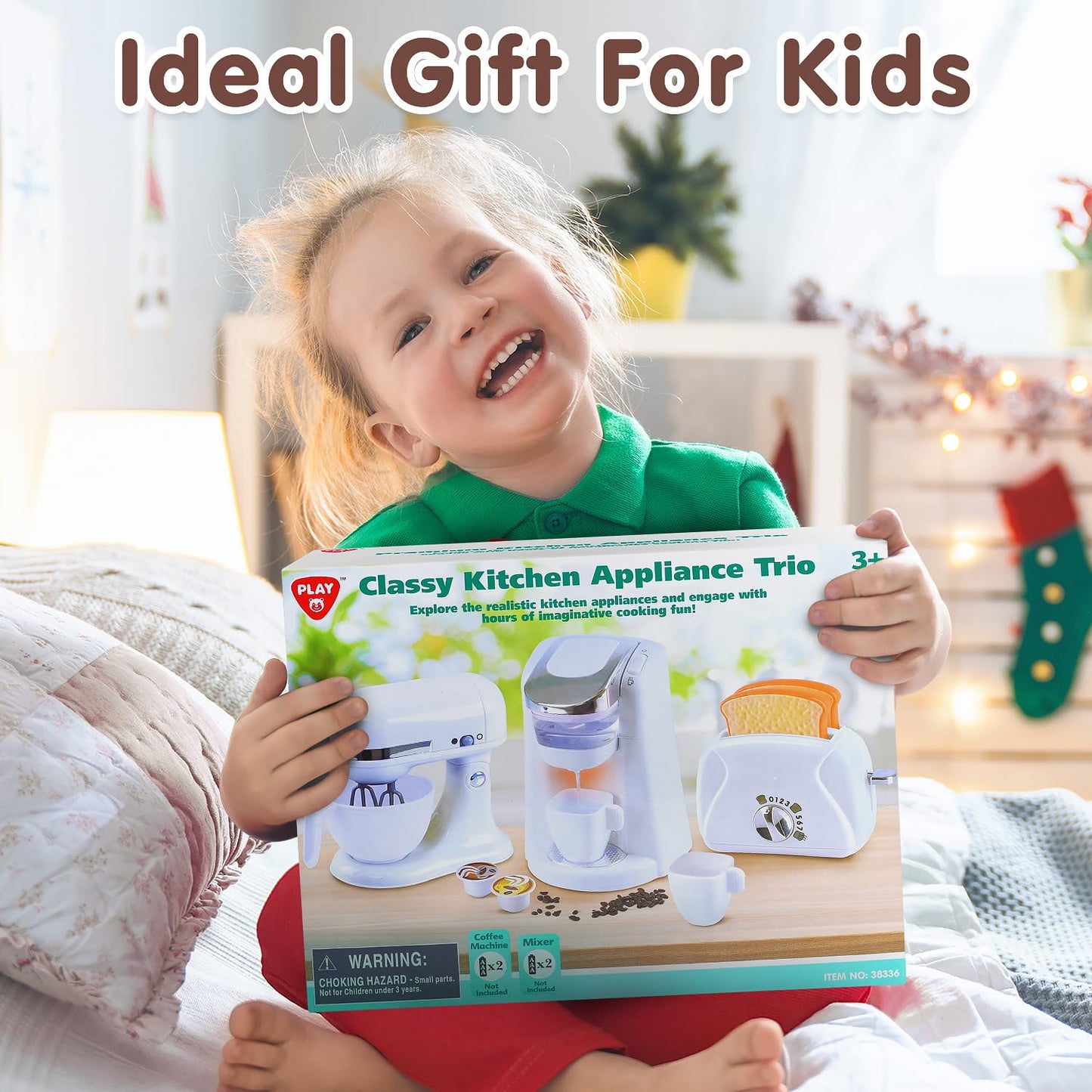 Play Kitchen Appliances Toys, Kids Kitchen Playset Accessories, Pretend Play Toy Sets with Coffee Maker, Mixer, Toaster with Realistic Lights & Sounds, Gifts for Boys Girls Toddlers Ages 3+, White