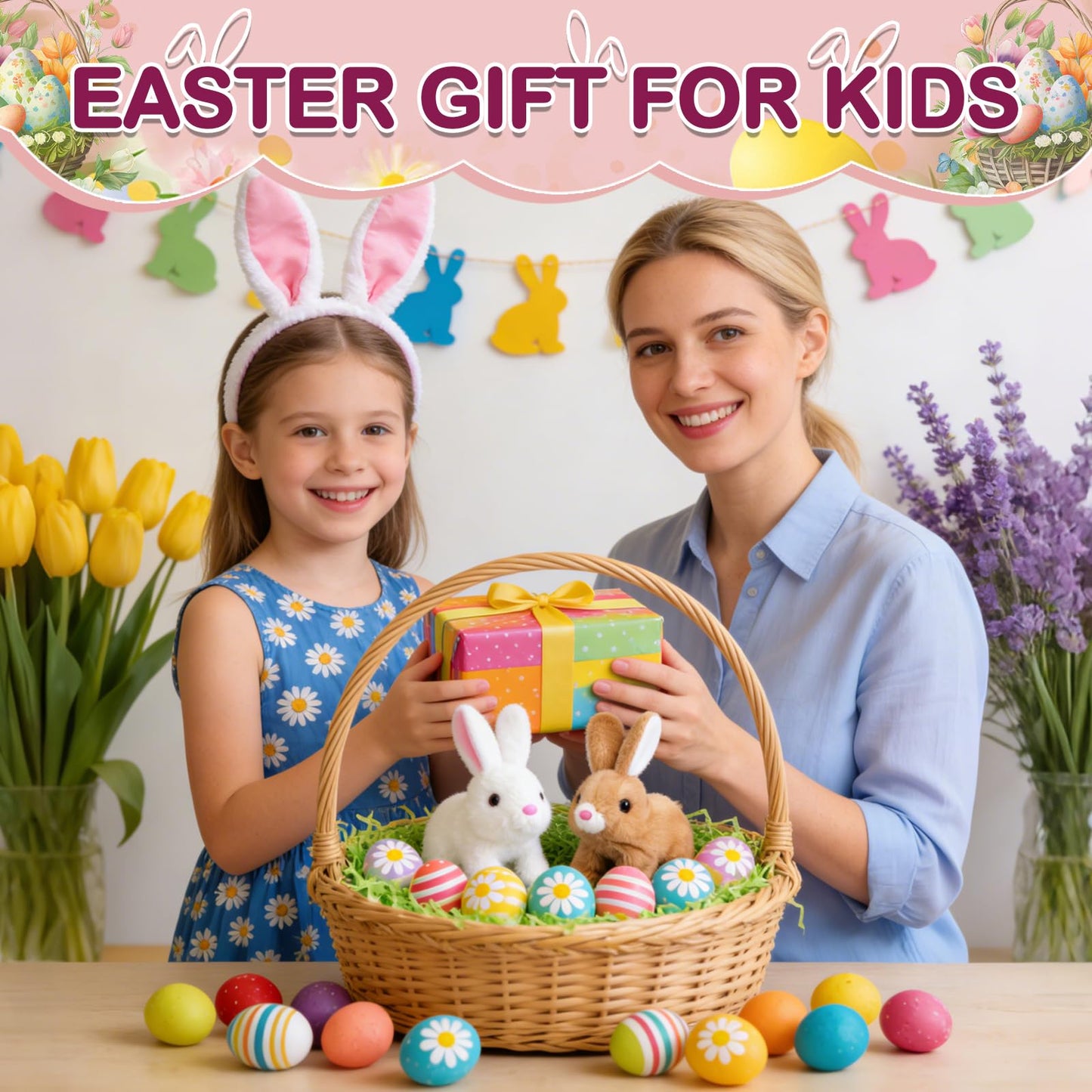 Hopping Bunny Toy, Easter Bunny Stuffed Animal Interactive Electronic Plush with Sounds and Movements, Animated Walking Wiggle Ears Twitch Nose, Easter Gifts for Kids Toddlers Boys Girls (brown)
