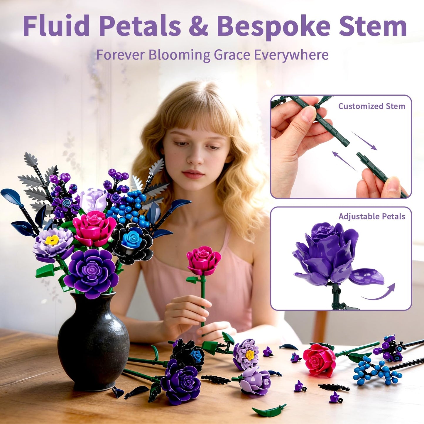 YOIUSFR 759 Pcs Purple Rose Flower Bouquet Building Set, Botanical Collection Kit Artificial Fake Flowers Blocks, Home Table Decor Aesthetic for Gifts for Mom, Birthday, DIY Craft