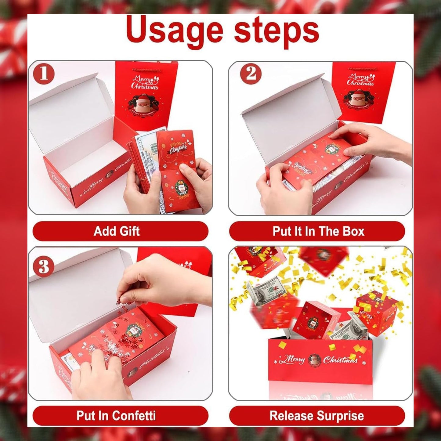 BOVVSKY 16PCS Surprise Gift Box Explosion for Money, Merry Christmas Surprise Gift Box Explosion for Money, Christmas Cash Luxury Folding Pop-Up SurpriseBox (Red)