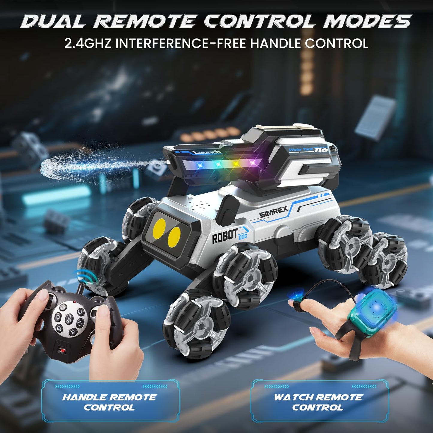 SIMREX Robot Dog RC Stunt Car Toys - Gesture Sensing Remote Control car with Mecanum Wheels, LED Eyes, 3 Sound Effects,Water-Shooting Turret & RGB Lights,Birthday Gift for Kids Boys Girls