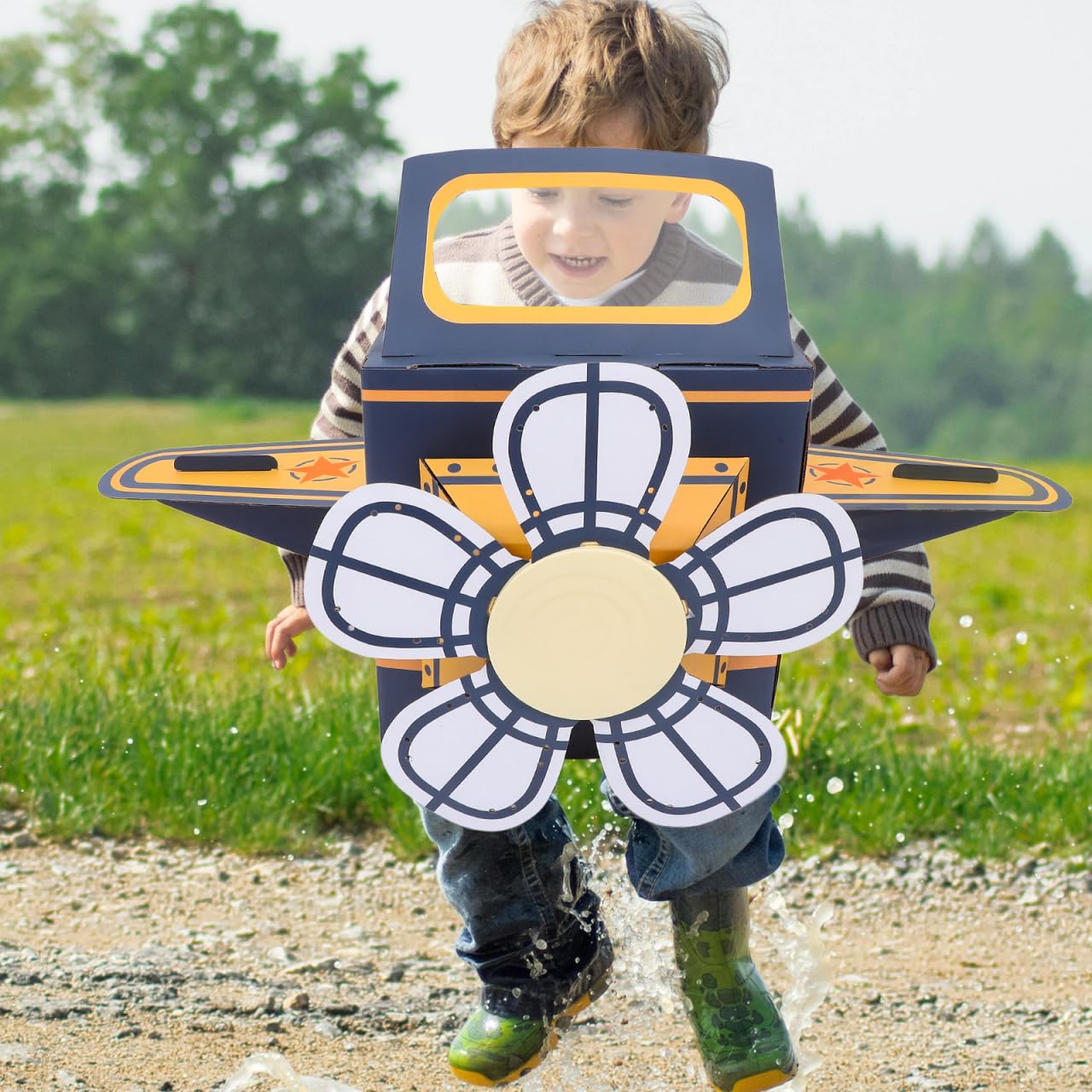 SAFIGLE Children Wearable Cardboard Plane: Airplane Costume for Kids DIY Paper Aircraft with Rotating Fan - Cardboard Car Fun Outdoor Play and Learning Experience Flying Airplanes for Kids Blue