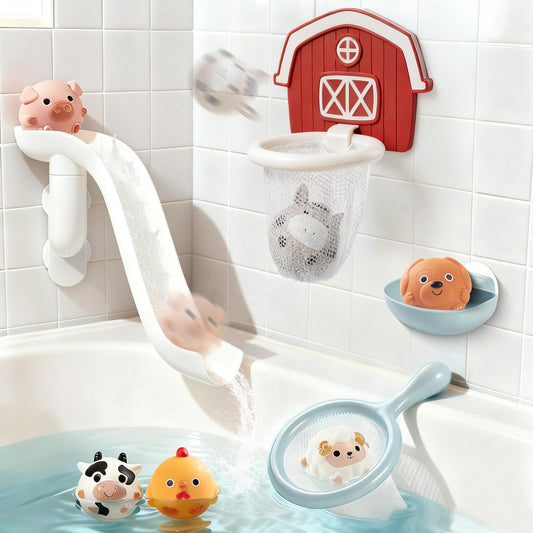 TXTLDB No-Hole Farm Bath Toys for Toddlers 1-3 | Slide, Basketball Hoop & 6 Animal Set | Easy to Clean & Dry Bathtub Play Gifts for Boys Girls