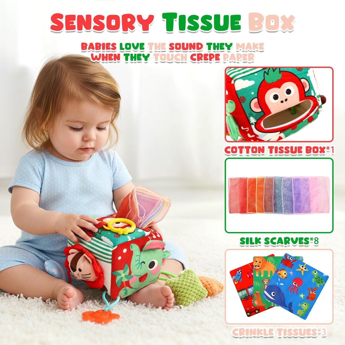 YOGINGO Montessori Toys for 1 Year Old - Tissue Box Baby Toys, Soft Stuffed High Contrast Crinkle Infant Sensory Toys, Boys&Girls Kids Early Learning Gifts