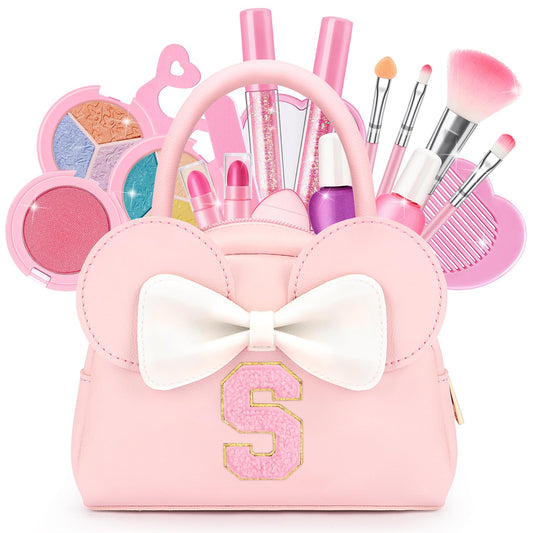 Kids Real Makeup Kit for Girls - 18Pcs Non-Toxic Washable Make Up Toys with Initial Toddler Purse - Personalized Birthday Gifts for Age 3 4 5 6 7 8 9 10 Years Old Girls Vanity Set - S