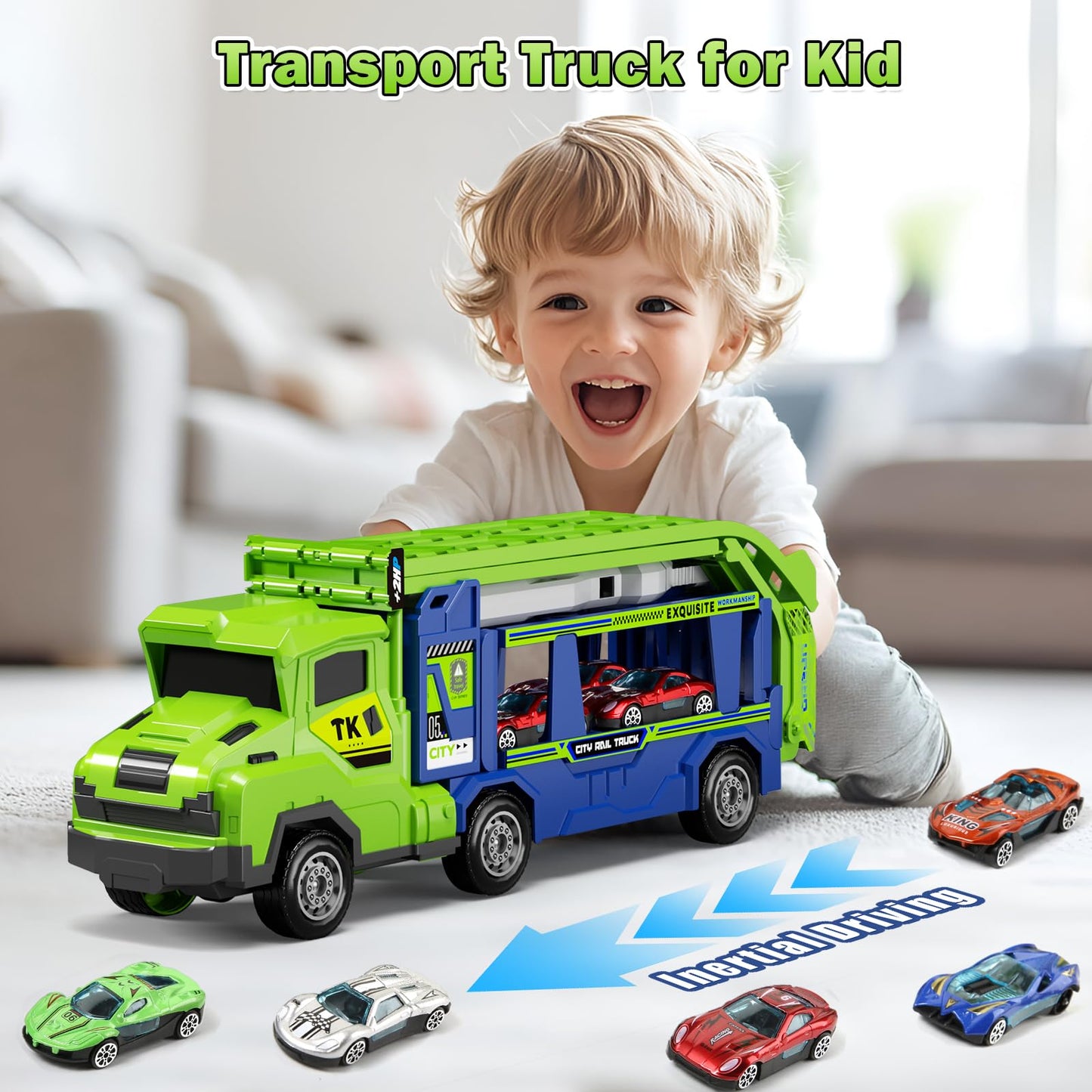Kids Toys for 3 4 5 6 7 8 Years Old Boys, 3 in 1 Carrier Truck Transport Car Toys, Foldable 2 Track Truck Playset with 25-in Race Track, 6 Metal Toy Cars, Birthday Toy Gift for Toddler Boys Girls
