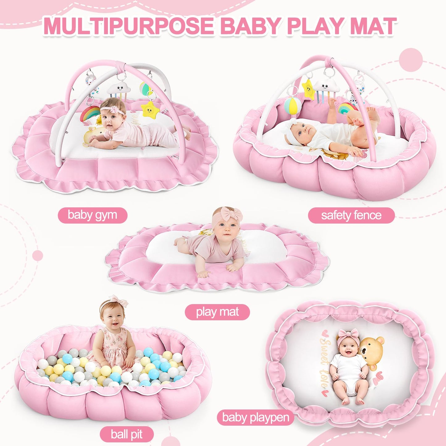 OCATO Baby Play Mat Gym: Baby Girl Gifts Tummy Time Mat Baby Play Gym Thick Large Baby Activity Center from Baby to Toddler Skills Development Baby Essentials Baby Shower Gifts Ball Pit Cat Dog Bed
