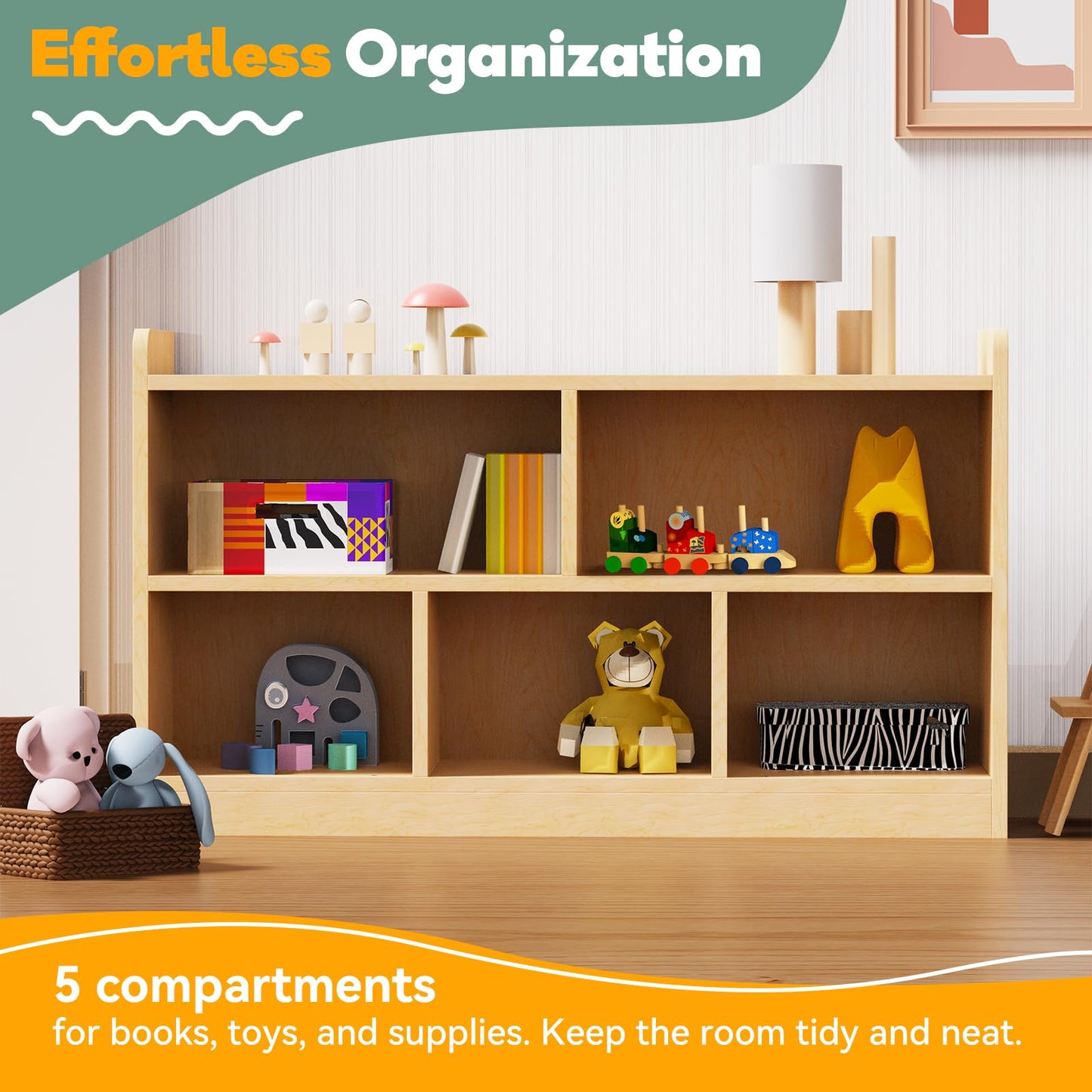 bbgroundgrm Birch Plywood Wood Montessori Shelf - 5-Section Storage Cabinet, 2-Shelf Organizer for Kids, Ideal for Classrooms, Playrooms, Daycares, and Preschools
