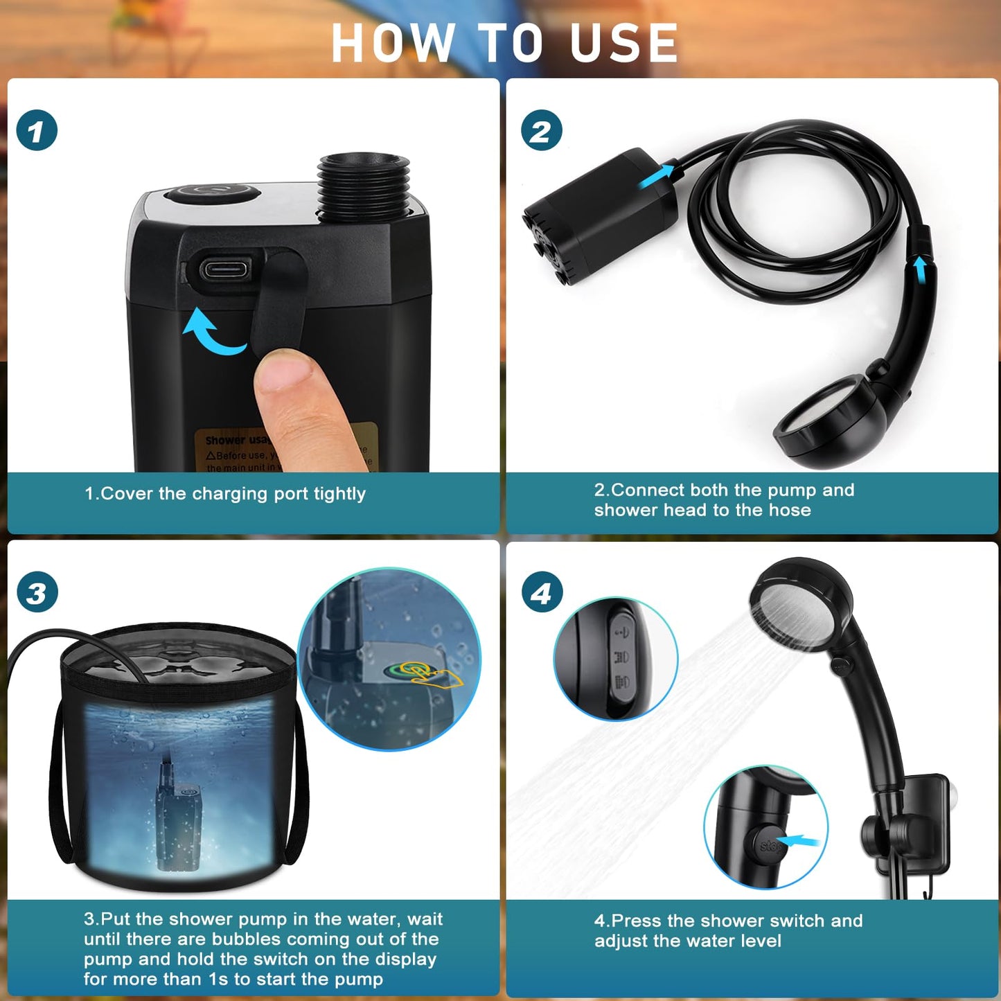 Portable Shower for Camping, Spopal Rechargeable Camping Shower with Collapsible Bucket with Handle 20L Intelligent LED Display, 4 Spray Modes, Outdoor Shower Kit for Hiking, Travel, Car, Pet 【Black】